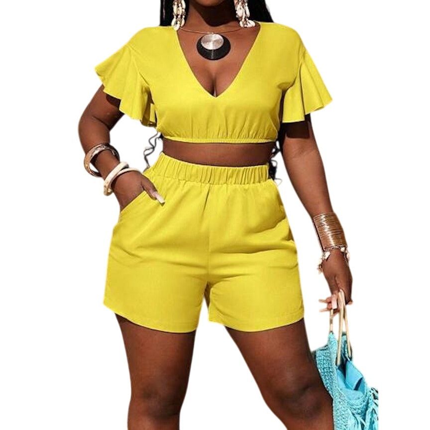 Shein Ruffled Short Sleeve Deep V-Neck Top And Pocket Shorts Set Size 27" / US 4 / IT 40 - 1 Thumbnail