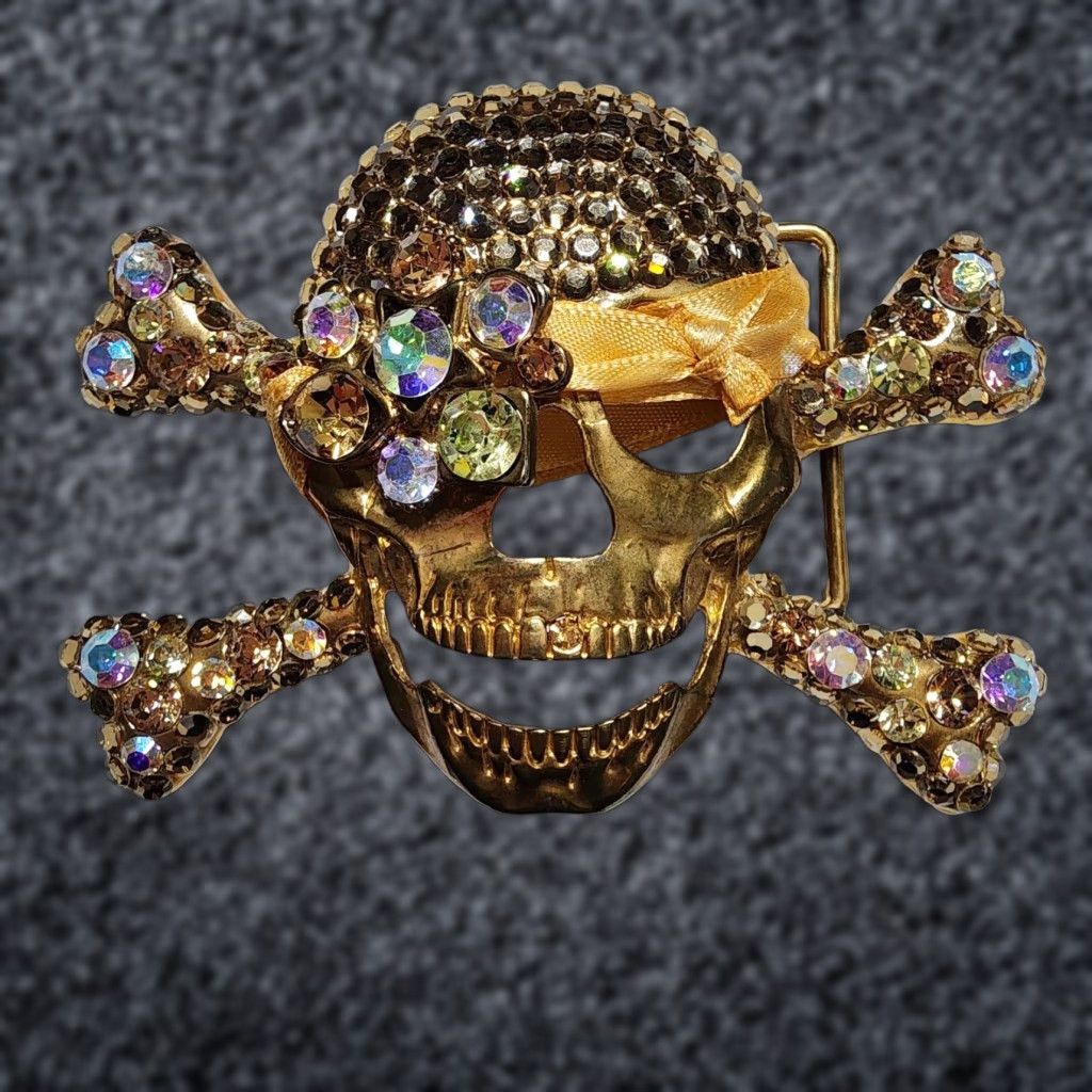 Vintage VINTAGE Golden Rhinestone Skull Western Belt Buckle Mens 1.5 in Gold Zinc Alloy 60s-00s Size ONE SIZE - 1 Thumbnail