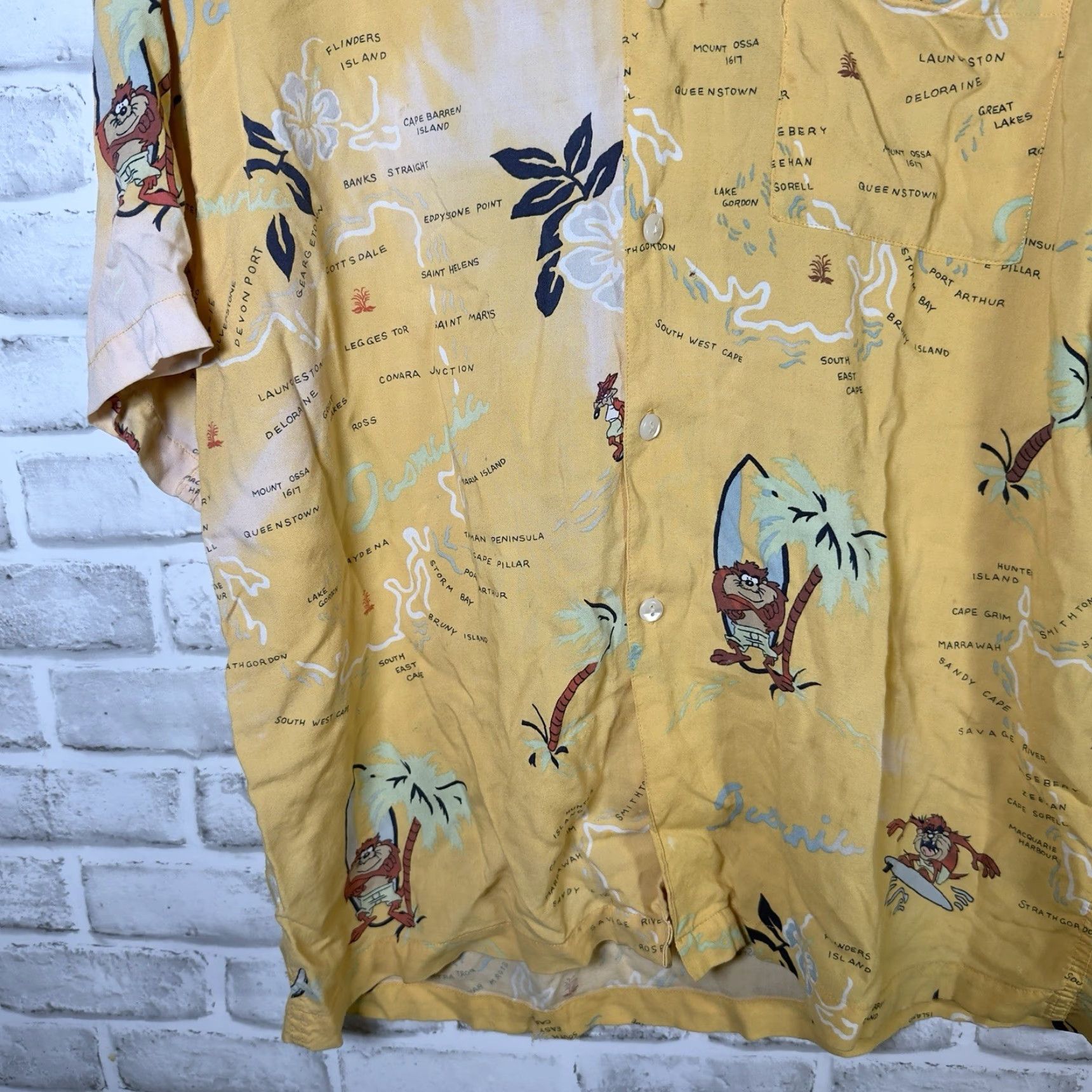 Vintage VINTAGE Warner Bros Tazmanian Devil RAYON Hawaiian Shirt Mens M Yellow Short Sleeve Button-Up Size US M / EU 48-50 / 2 - 3 Thumbnail