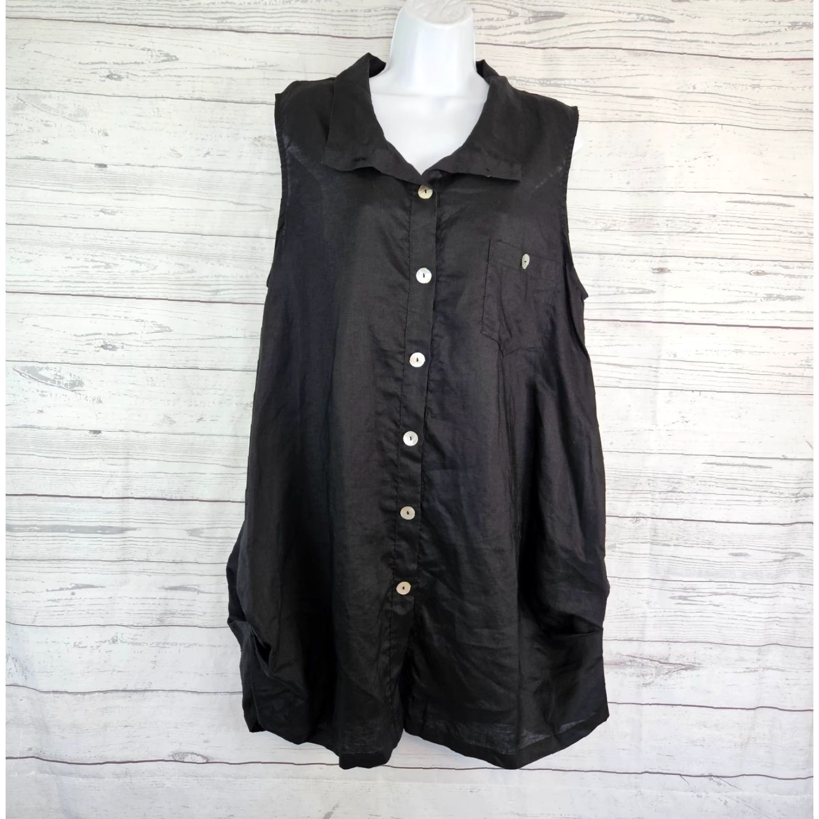 Vintage IC by Connie K Womens Linen Tunic Button-Up Sleeveless Sz M Black Size M / US 6-8 / IT 42-44 - 2 Thumbnail