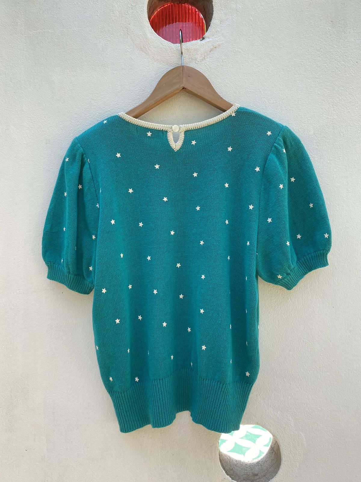 Vintage Paserio Teal Puff Sleeve Knit Top with Star Pattern Size S / US 4 / IT 40 - 2 Thumbnail