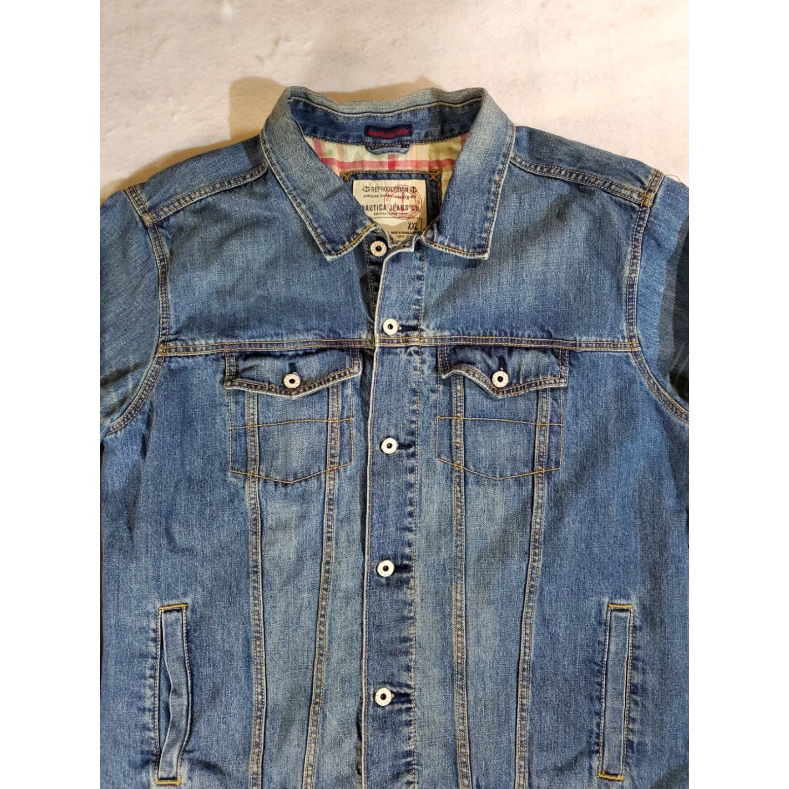 Nautica VINTAGE Nautica Denim Trucker Jacket Plaid Flannel Lined Mens 2XL Distressed Jacket Size US XXL / EU 58 / 5 - 2 Thumbnail
