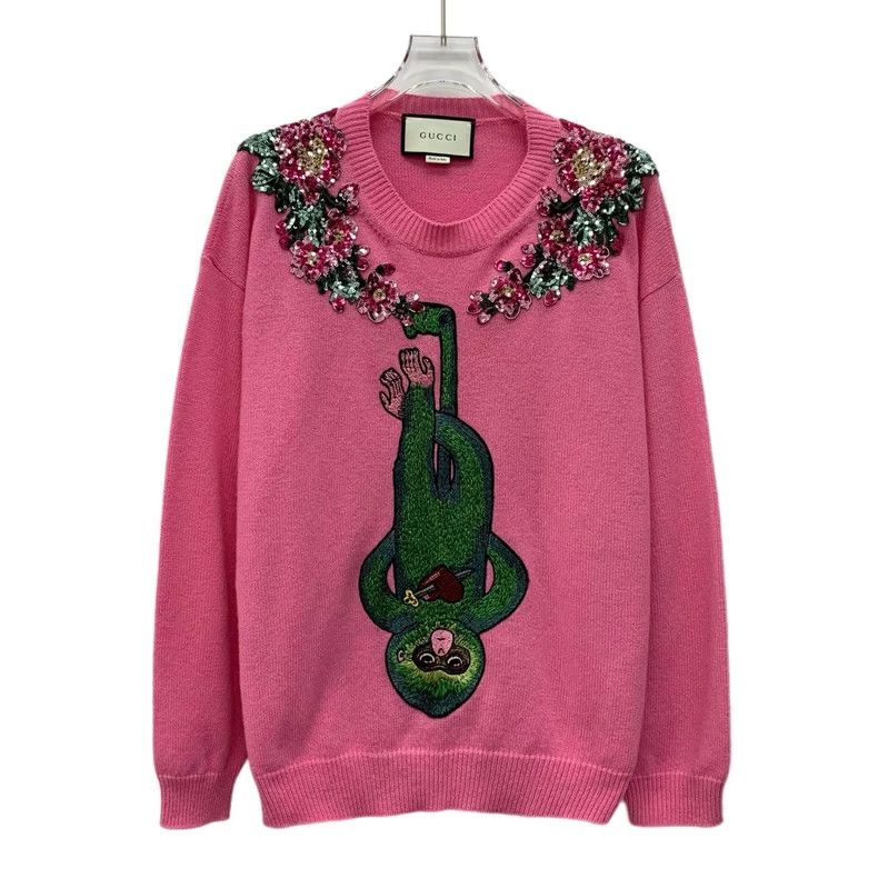 Gucci Gucci Pink floral sequin monkey embroidered wool round-nec Size M / US 6-8 / IT 42-44 - 1 Thumbnail