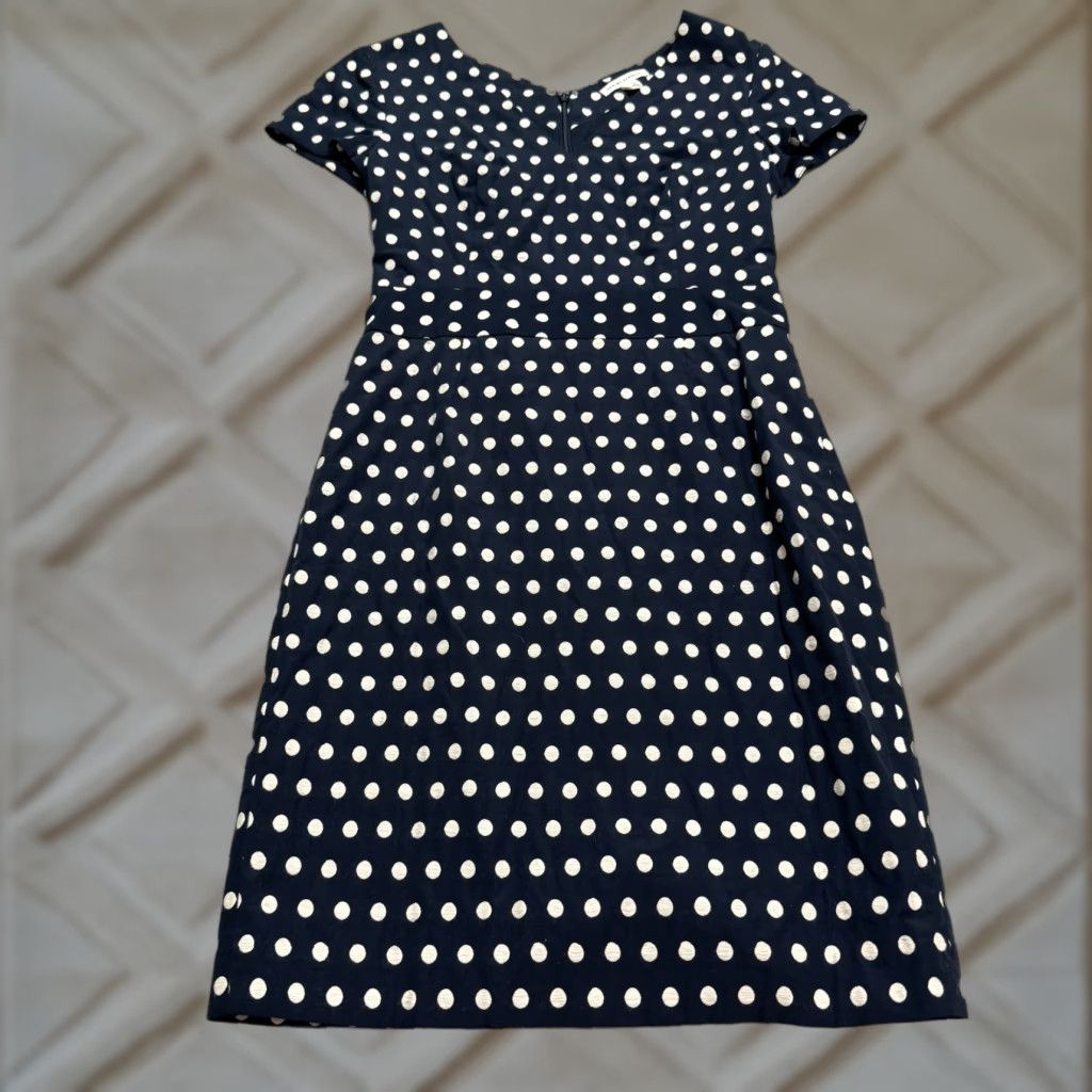Banana Republic Banana Republic Polka Dot Midi Sheath Dress Women 4 Navy White Cap Sleeve V-Neck Size S / US 4 / IT 40 - 1 Thumbnail