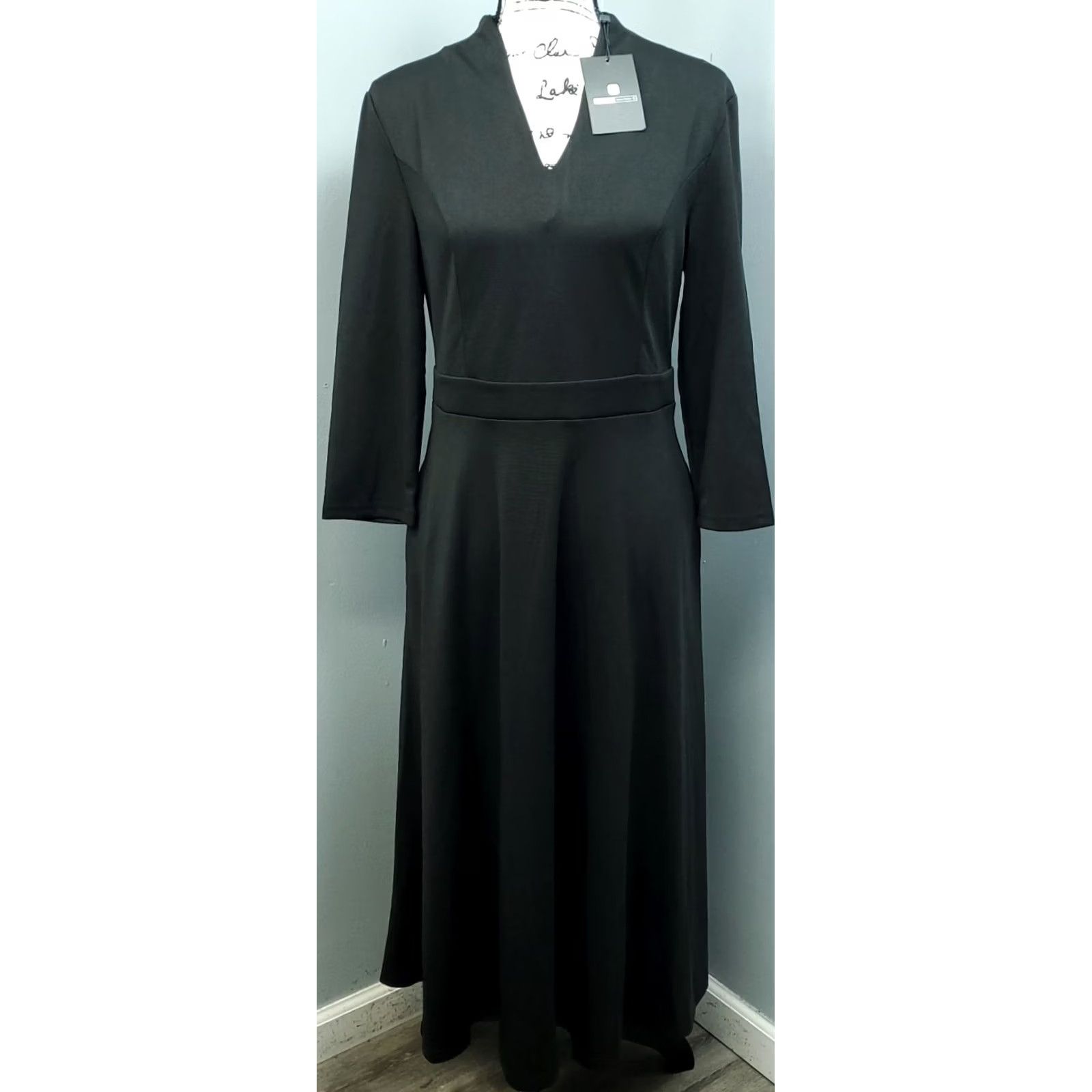 Vintage Stylewe Silky Dress Women S Black Empire Waist V-Neck Back Zip Long Sleeve Pockets Casual Party/Cocktail Knit Size S / US 4 / IT 40 - 2 Thumbnail
