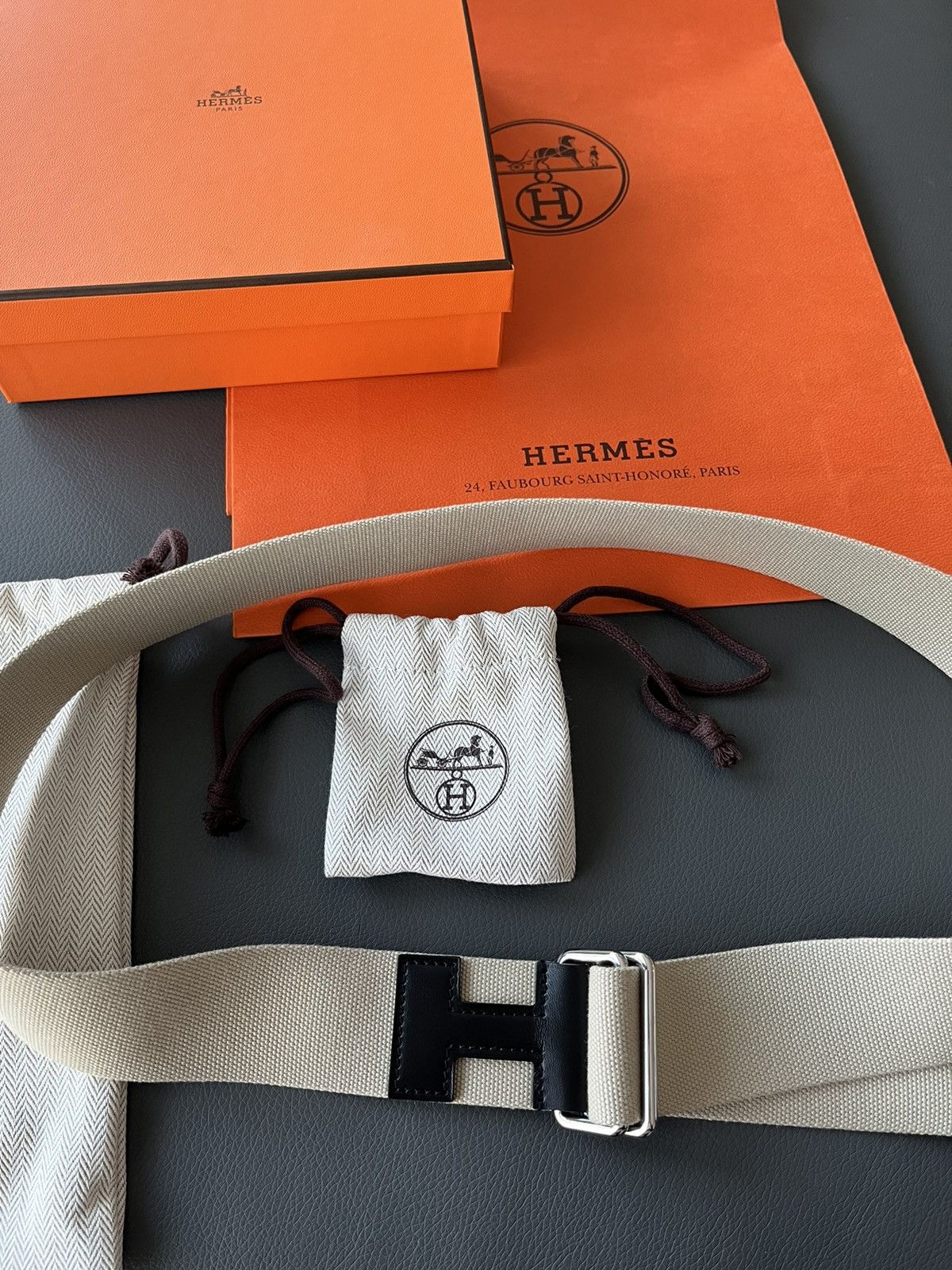 Hermes Limited Edition Hermes Brand New H Logo Leather Canvas Belt Size 34 - 12 Thumbnail