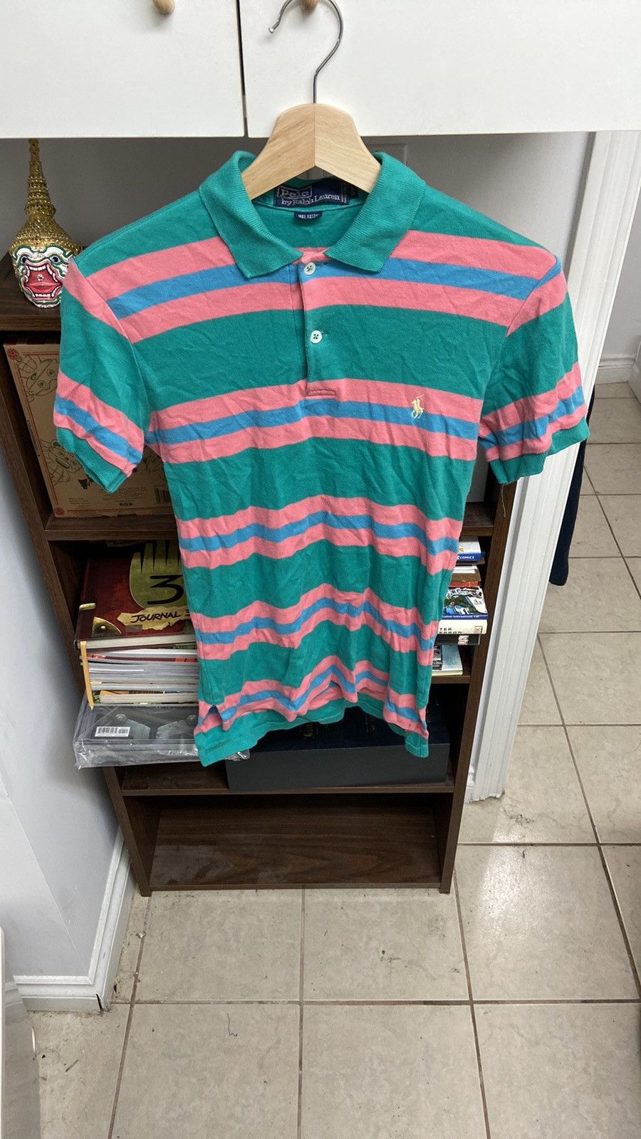 Polo Ralph Lauren × Vintage VTG Polo by Ralph Lauren Men's Green and Pink Striped Shirt Size US S / EU 44-46 / 1 - 1 Thumbnail
