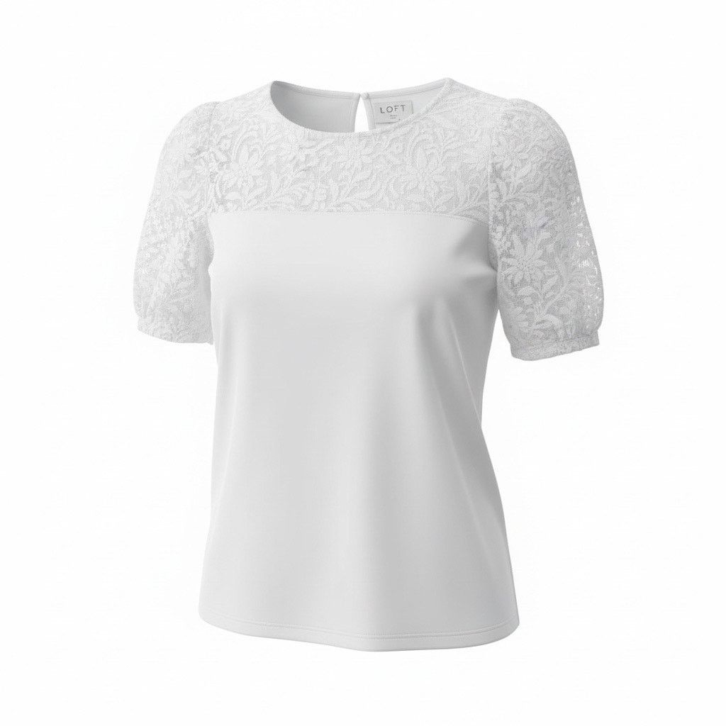 Loft LOFT Women’s White Lace Short Sleeve Blouse Size Large Size L / US 10 / IT 46 - 1 Thumbnail