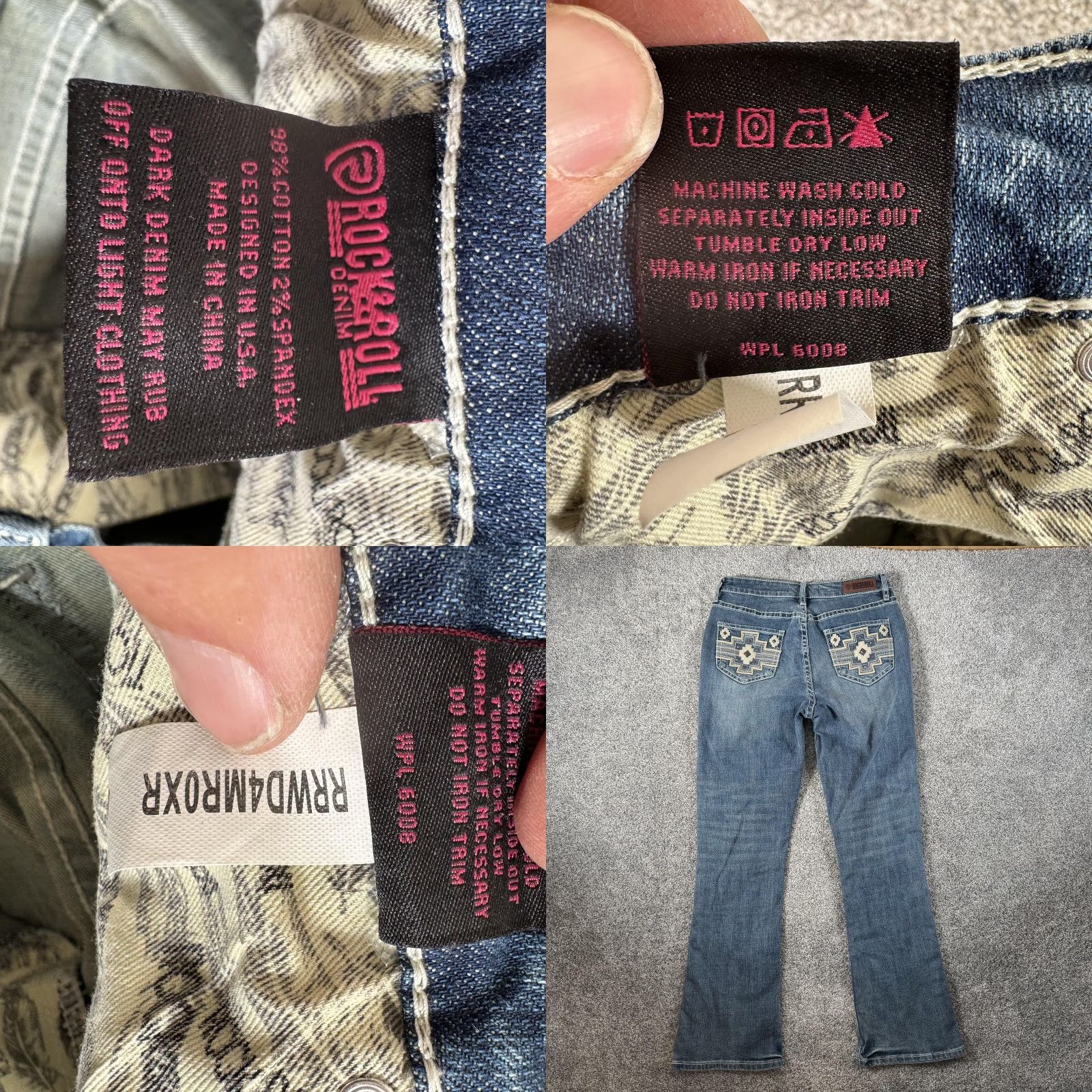 Denime Rock & Roll Denim Jeans Womens 29x28.5 Blue Mid Rise Bootcut Embroidered Aztec Studded Pockets Size 29" - 8 Thumbnail