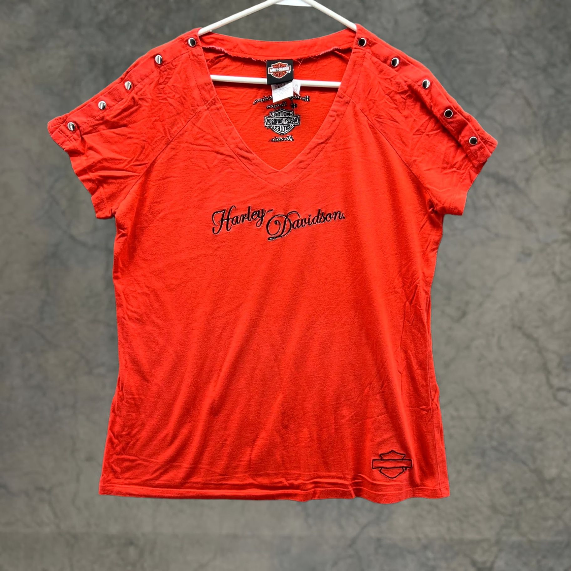 Harley Davidson VINTAGE Harley-Davidson Shirt Women XL Orange Solid 100% Cotton Short Sleeve Round Neck T-Shirt 60s-90s Inspired Size XL / US 12-14 / IT 48-50 - 1 Thumbnail