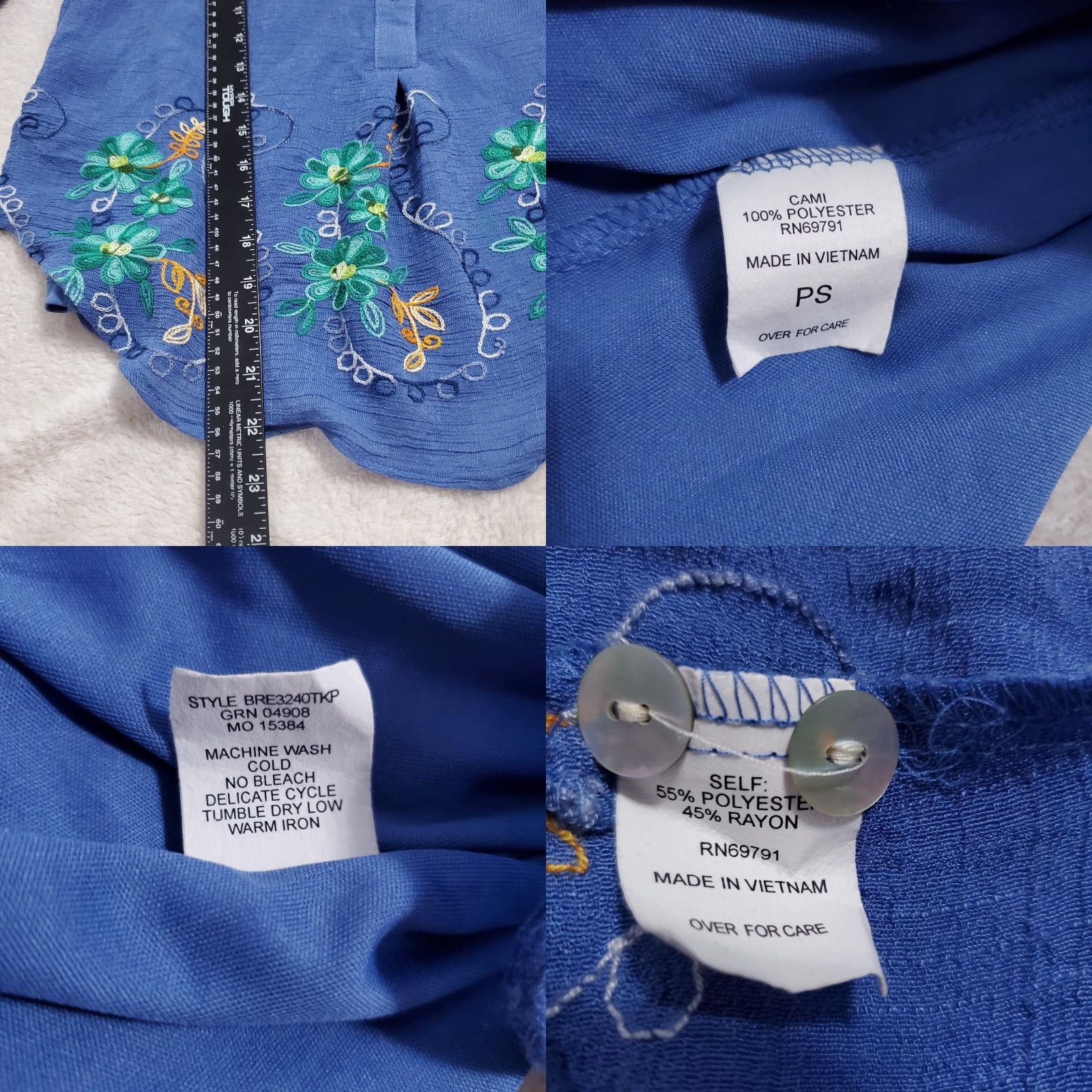Vintage Figueroa & Flower Blouse Women PS Blue Embroidered Roll Tab Sleeve Attached Cami Size S / US 4 / IT 40 - 9 Thumbnail