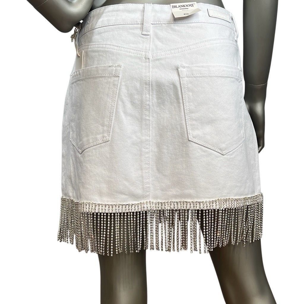 BLANKNYC Blank NYC Rhinestones Fringe Mini White Denim Skirt NWT 26 Size 26" / US 2 / IT 38 - 5 Thumbnail