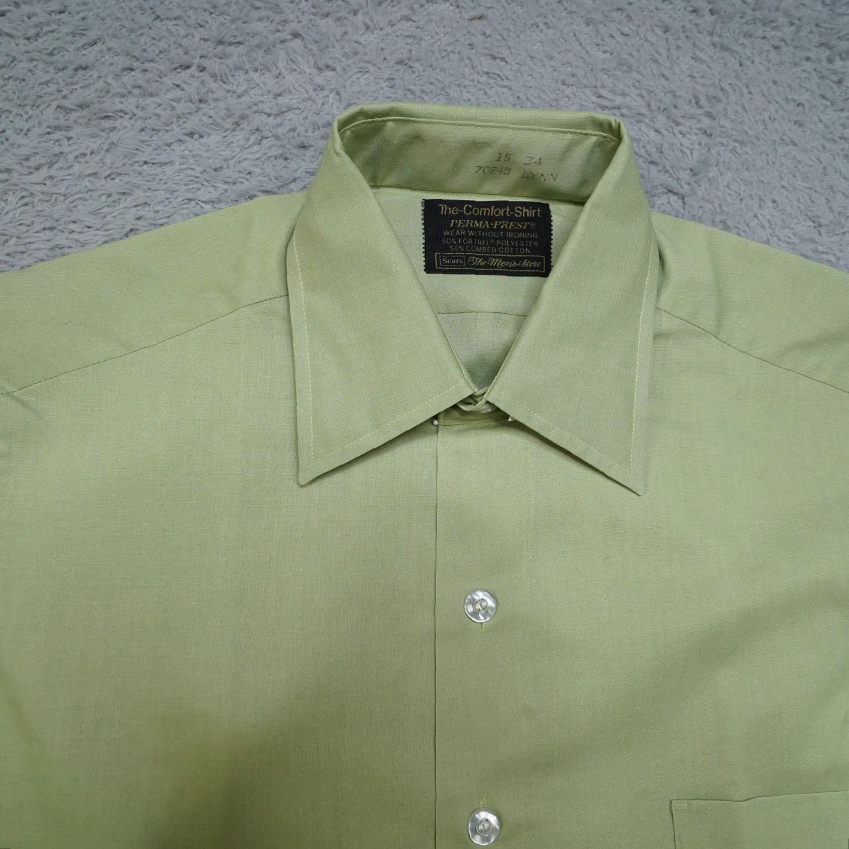 Sears VINTAGE Sears Shirt 15 34 Green 70s Men’s Button-Front Cotton Blend NWT Vintage Sears Men’s Store Shirt 15 34 Green Perma Prest Dress Comfort Size 40R - 3 Thumbnail