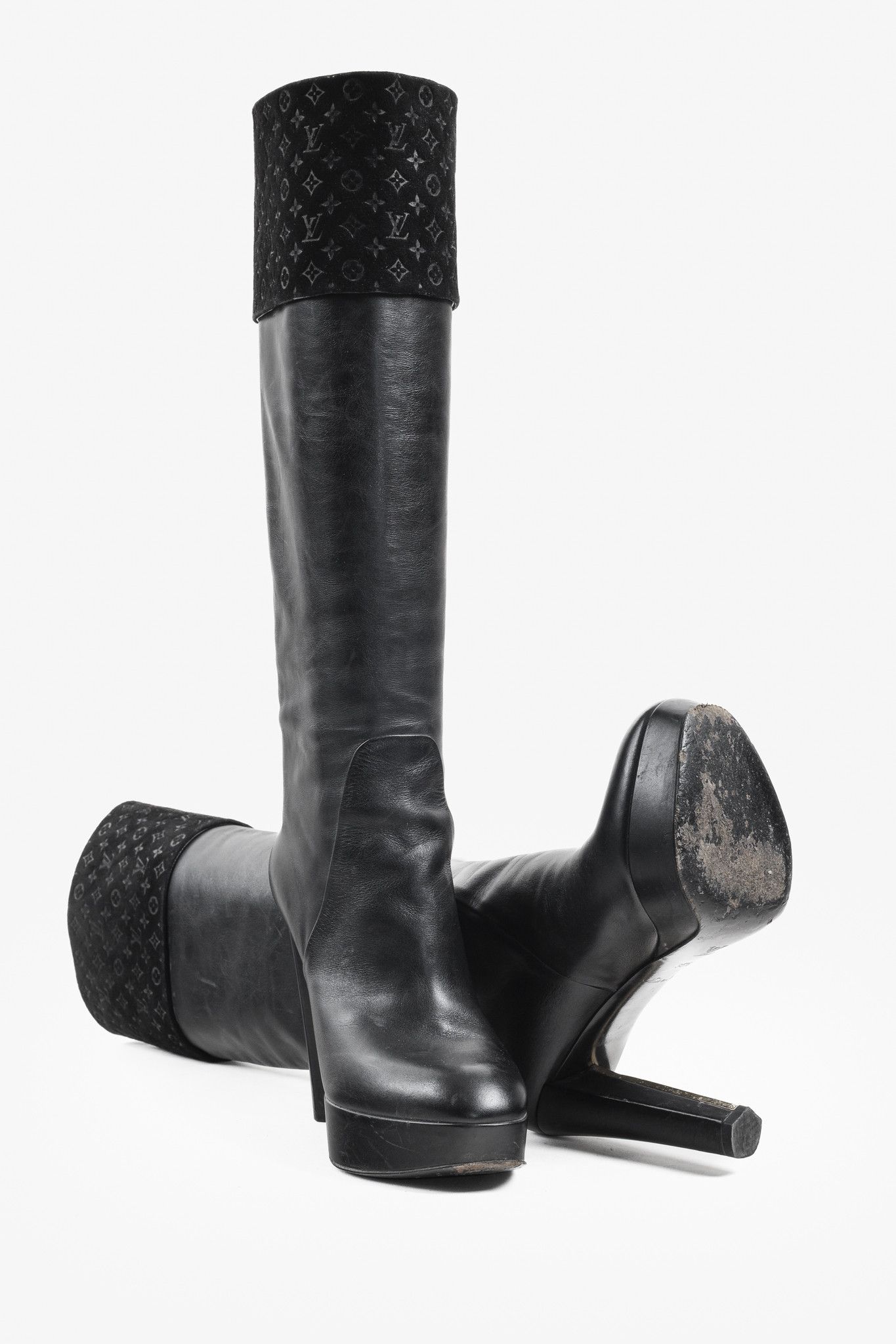 Louis Vuitton Louis Vuitton LV Monogram Tall Black Leather Platform Boots Size US 6 / IT 36 - 4 Thumbnail