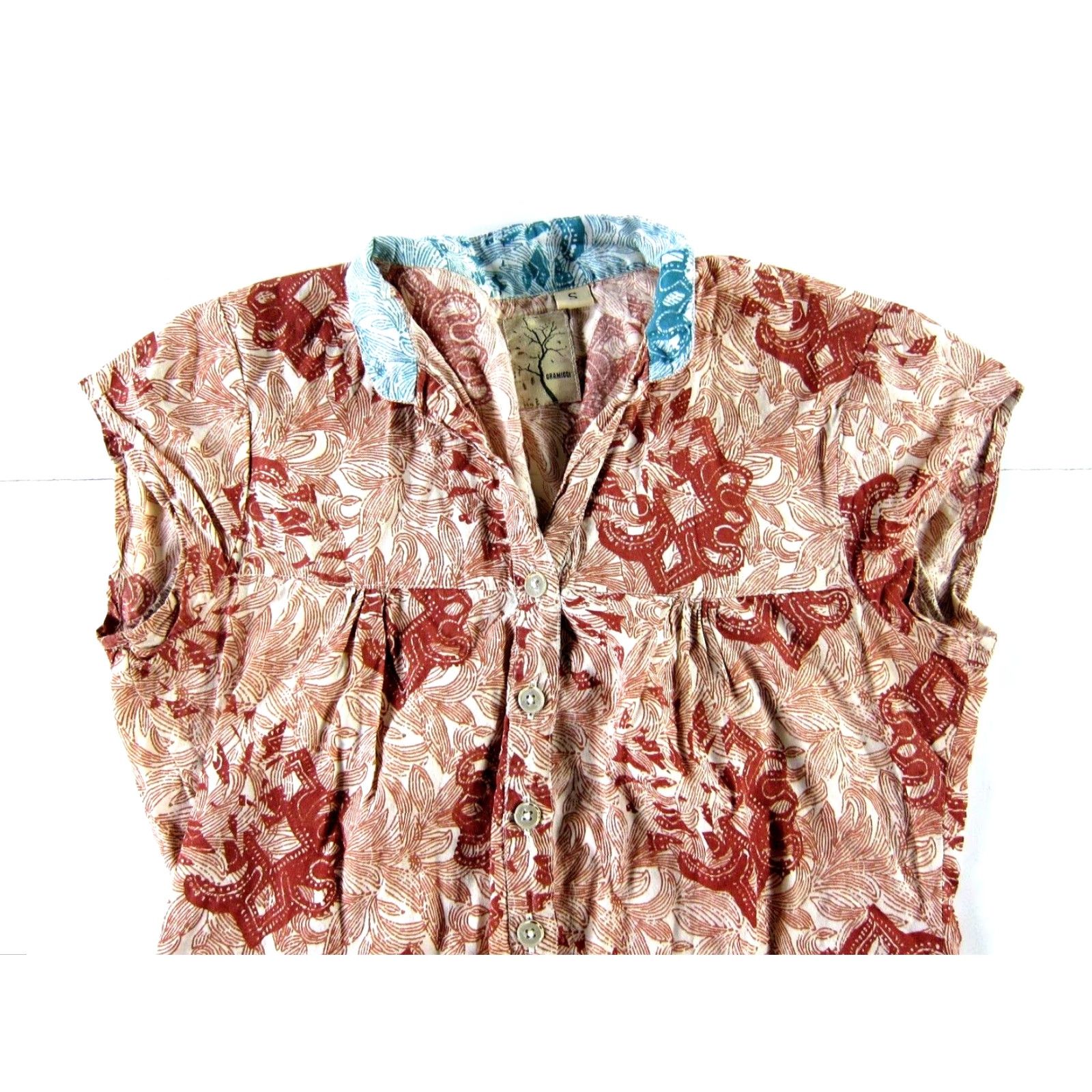 Gramicci Gramicci Blouse Cap Sleeve Button Down Collared 100% Cotton Floral Brown Blue S Womens Size S / US 4 / IT 40 - 3 Thumbnail