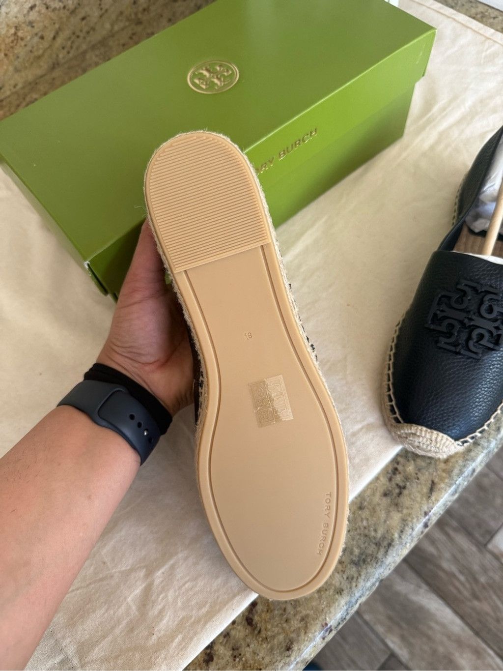 Tory Burch Tory Burch Black Leather Espadrille Slip-Ons with Natural Ra Size US 8.5 / IT 38.5 - 2 Thumbnail