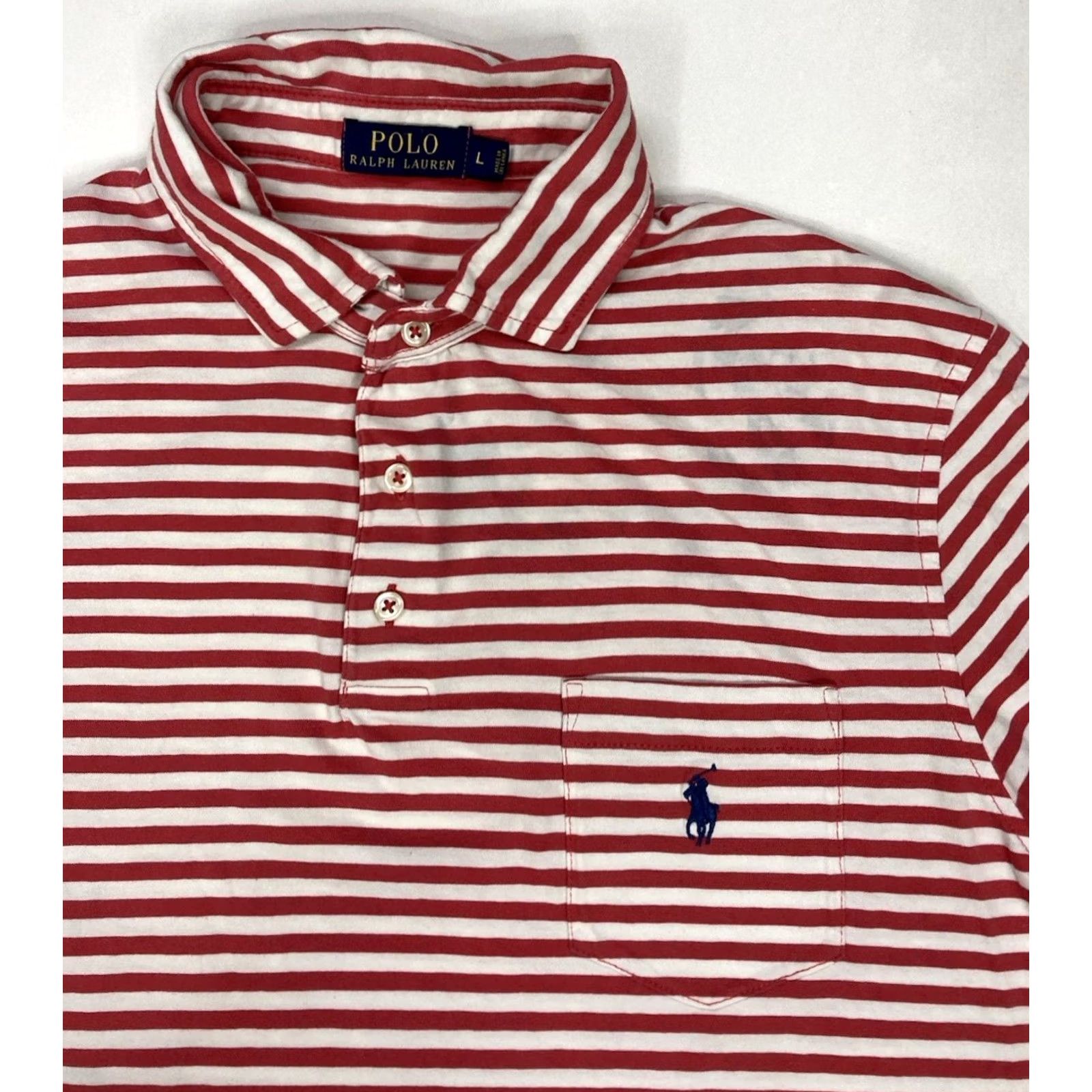 Polo Ralph Lauren VINTAGE Polo Ralph Lauren Polo Shirt Men Large Red White Pony Short Sleeve Stripe Pocket Shirt Polo Size US L / EU 52-54 / 3 - 2 Thumbnail