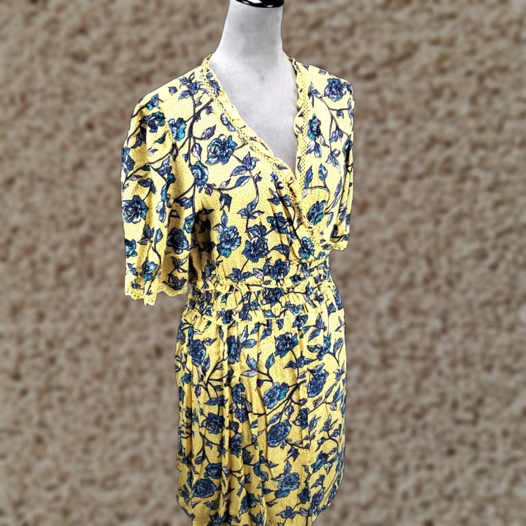 Vintage Angie Dress Womens L Yellow Floral Bohemian Rayon Short Sleeve V-Neck Mini Shift NWT Size L / US 10 / IT 46 - 1 Thumbnail