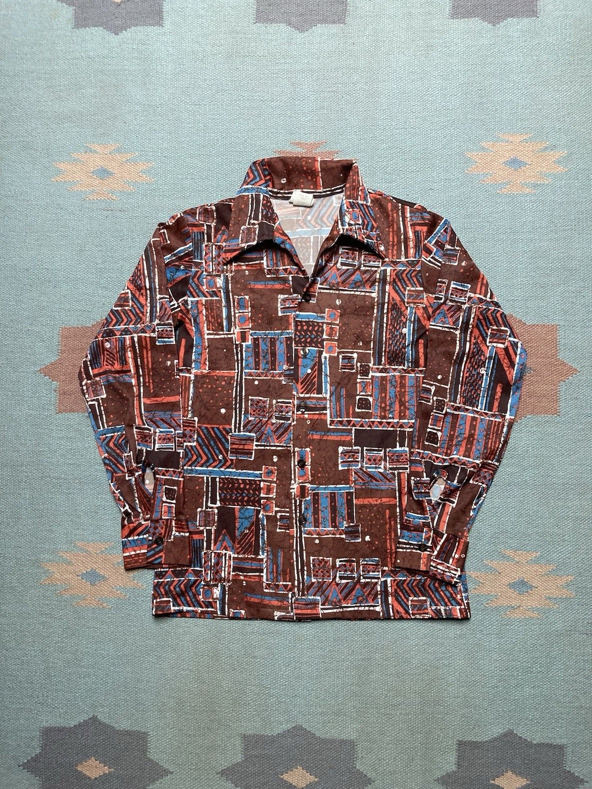Vintage Vtg 70s disco shirt polyester abstract dagger collar boys 16 Size XS / US 0-2 / IT 36-38 - 1 Thumbnail