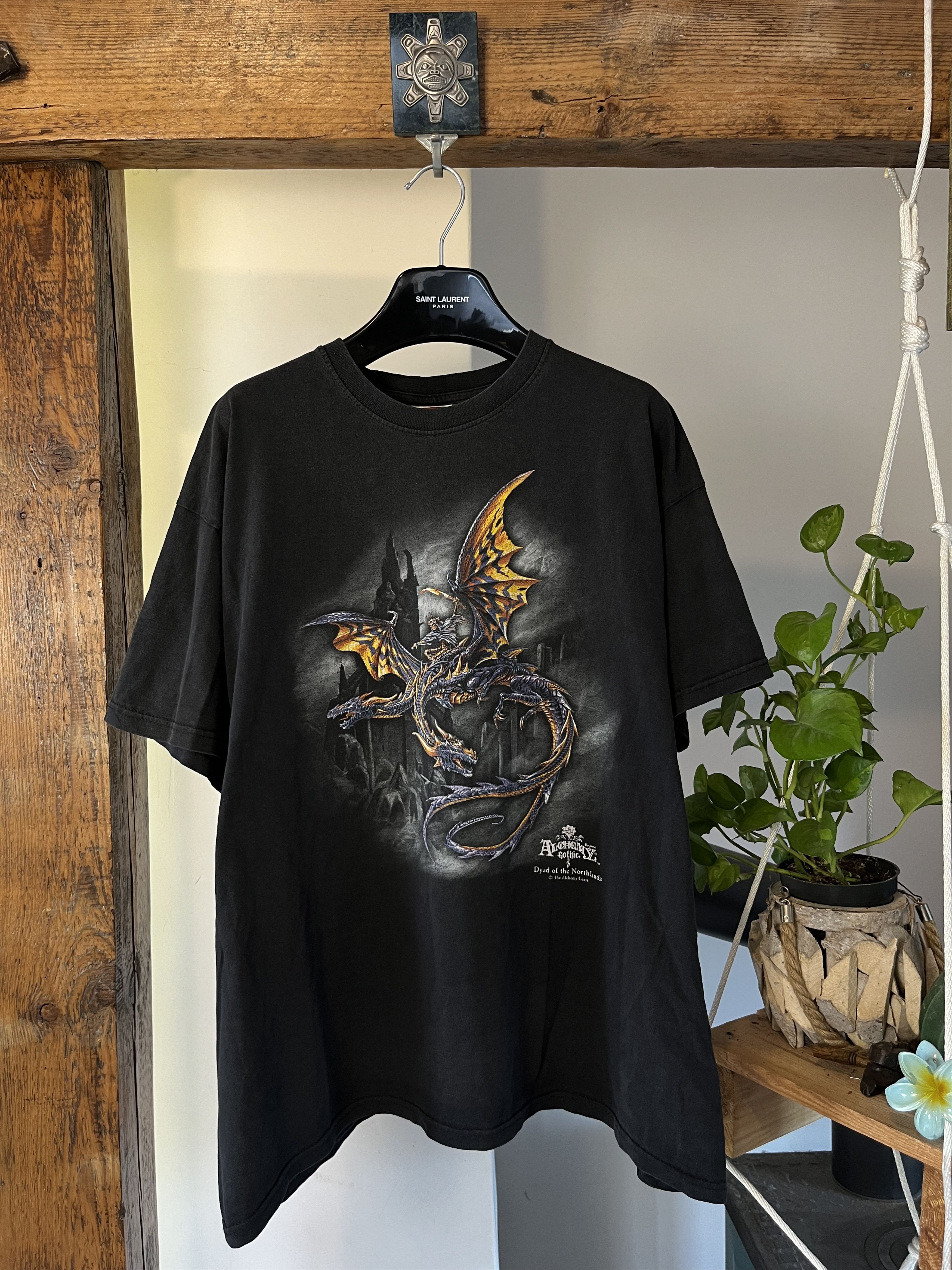 Vintage Dragon and Sword Skull Goth Distressed Washed RPG T Shirt Size US XL / EU 56 / 4 - 1 Thumbnail