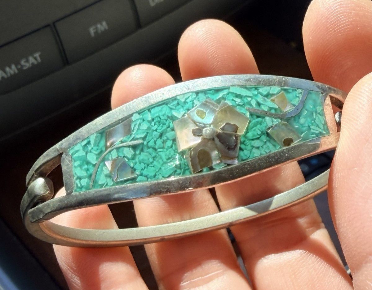 Other Taxco Mexico Sterling Silver Hinged Bangle Abalone Turquoise Size ONE SIZE - 3 Thumbnail