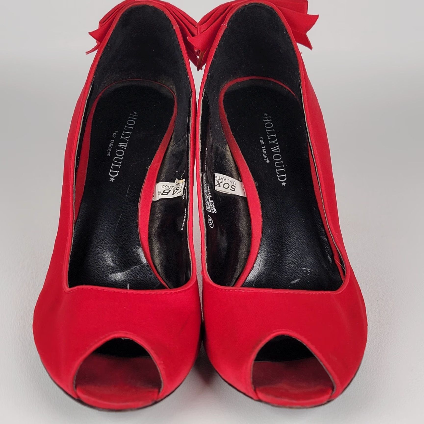 Vintage Hollywould For Target Grace Women Red Satin Heels Vintage Y2K Pump 9.5 Bow Peep Toe Slip On Cone Heel Leather Sole 2000s Party Wedding Womens Size US 10 / IT 40 - 2 Thumbnail