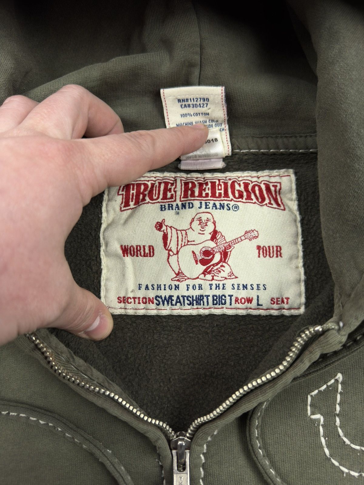 True Religion Vintage True Religion Zip Hoodie Big-T Khaki Washed Destroye Size US L / EU 52-54 / 3 - 21 Thumbnail