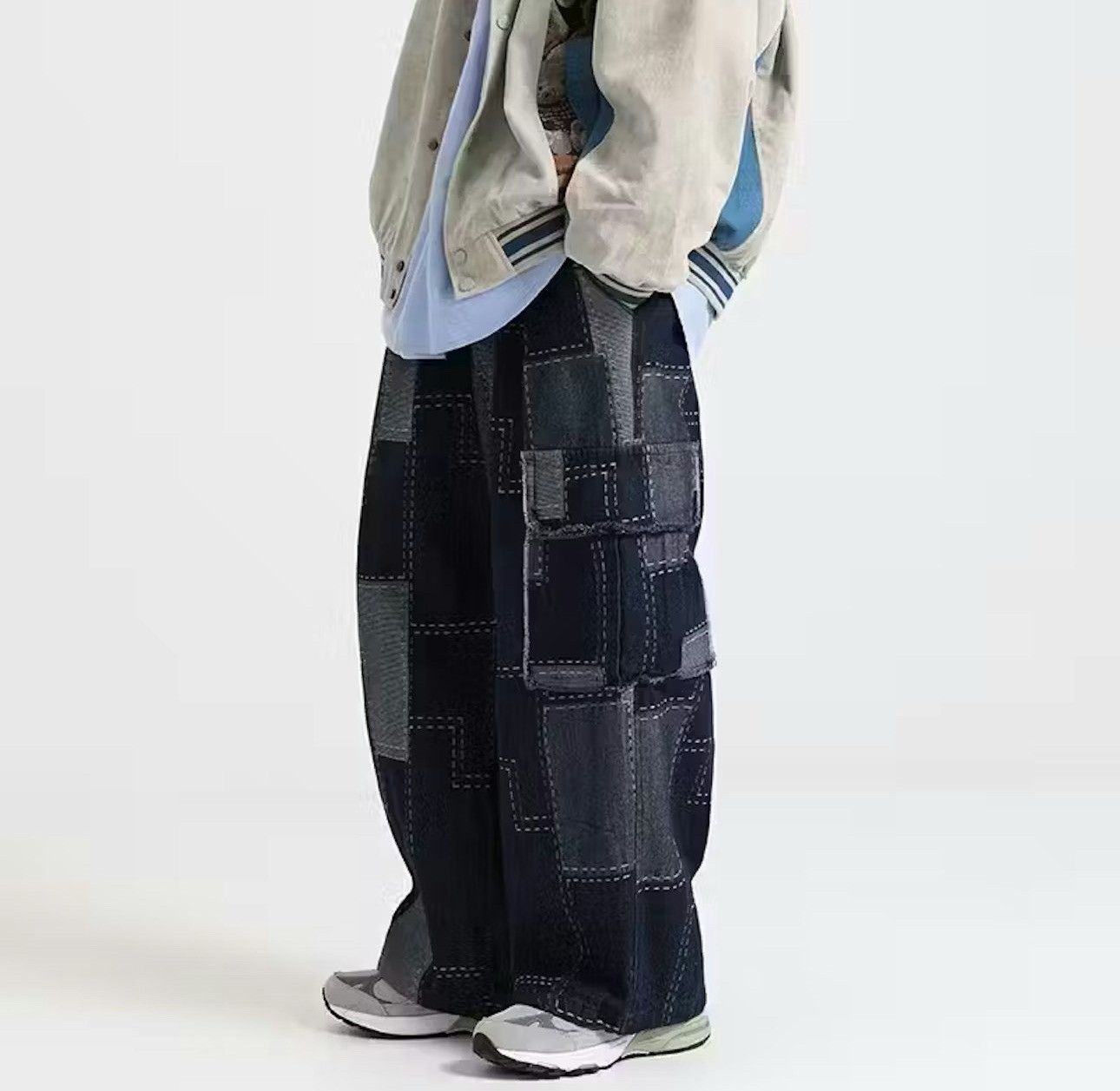 image of Designer Cargo Patch Faded Patchwork Baggy Pants in Blue, Men's (Size 30)