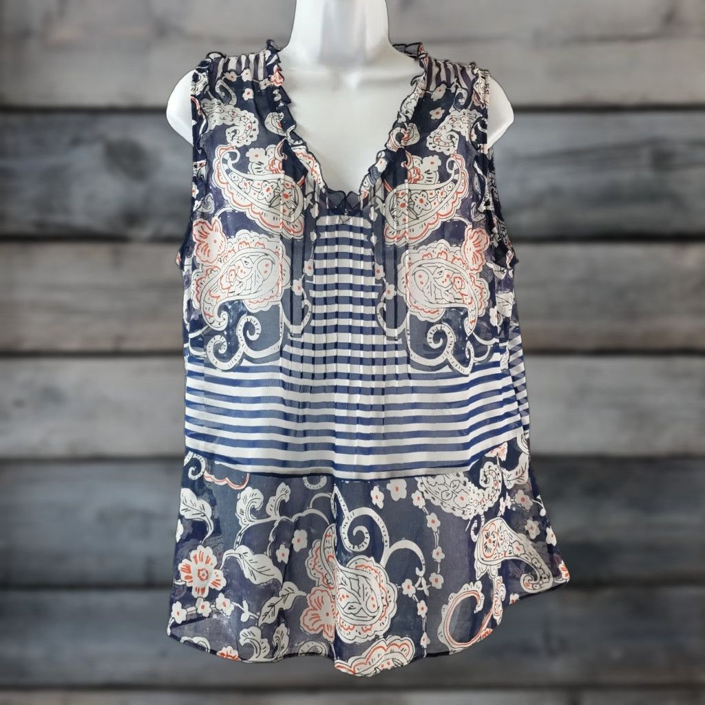 Vintage CAbi Blouse Shirt Womens Peplum Sz Small Blue White Floral Stripes Sheer V-Neck Sleeveless Size S / US 4 / IT 40 - 1 Thumbnail