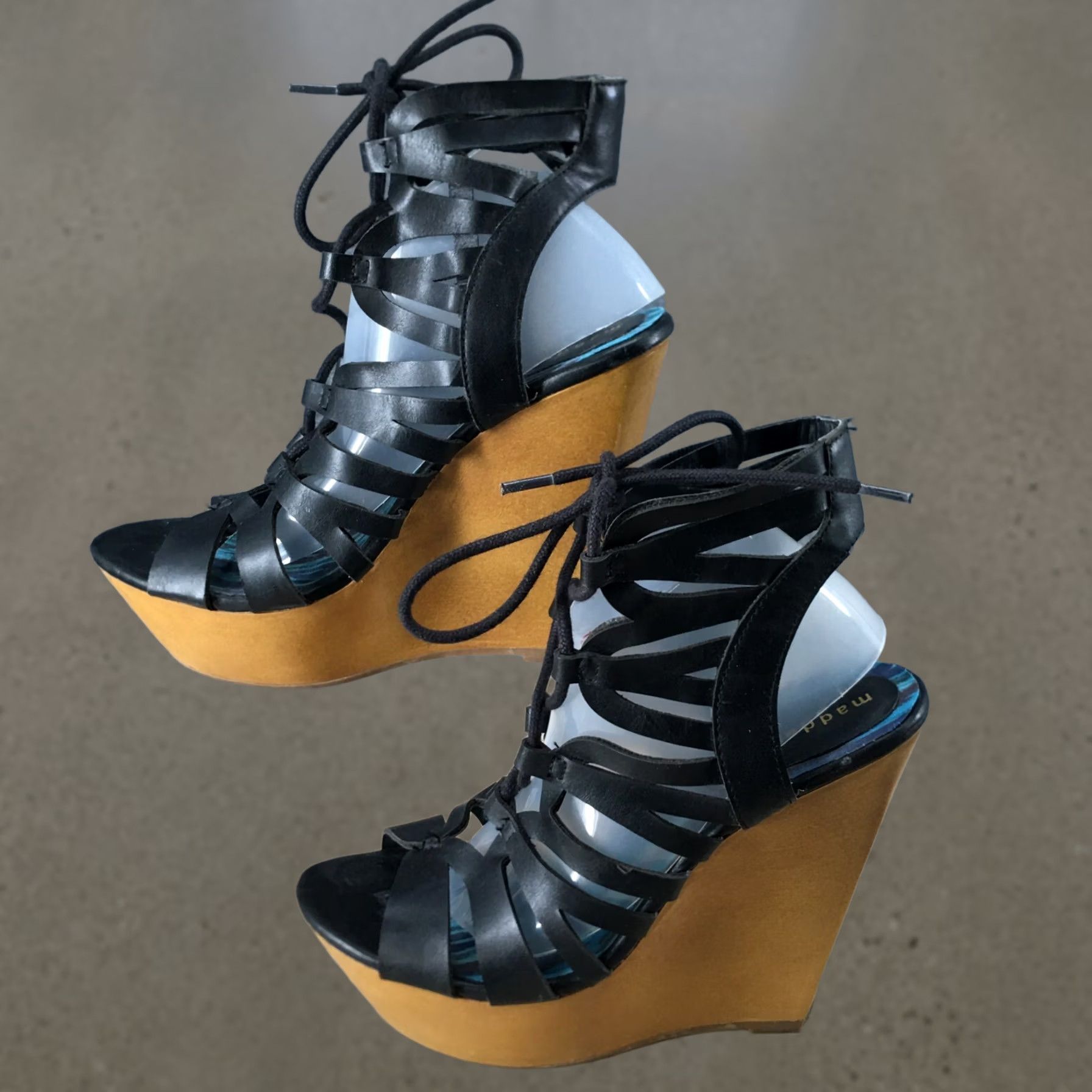 Vintage Madden Girl Sandals Women's 6.5 M Beeta Gladiator Wedge Black Leather Lace Up Shoes Size US 7 / IT 37 - 1 Thumbnail
