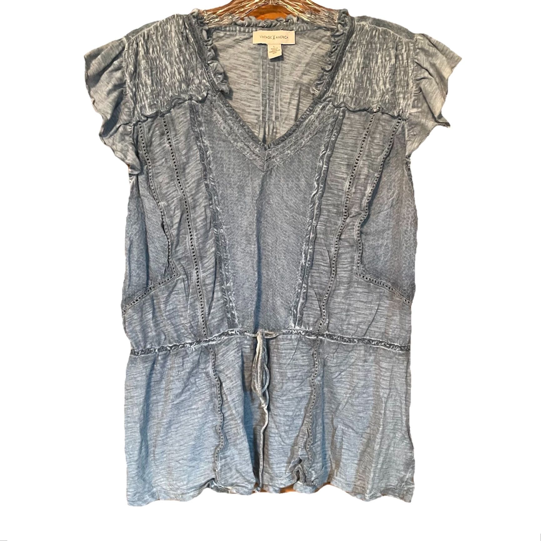 Vintage VINTAGE America Blouse Large Lt Blue Tie Front Cap Sleeve V-Neck Women's Tunic 90s Flower Western Size L / US 10 / IT 46 - 2 Thumbnail