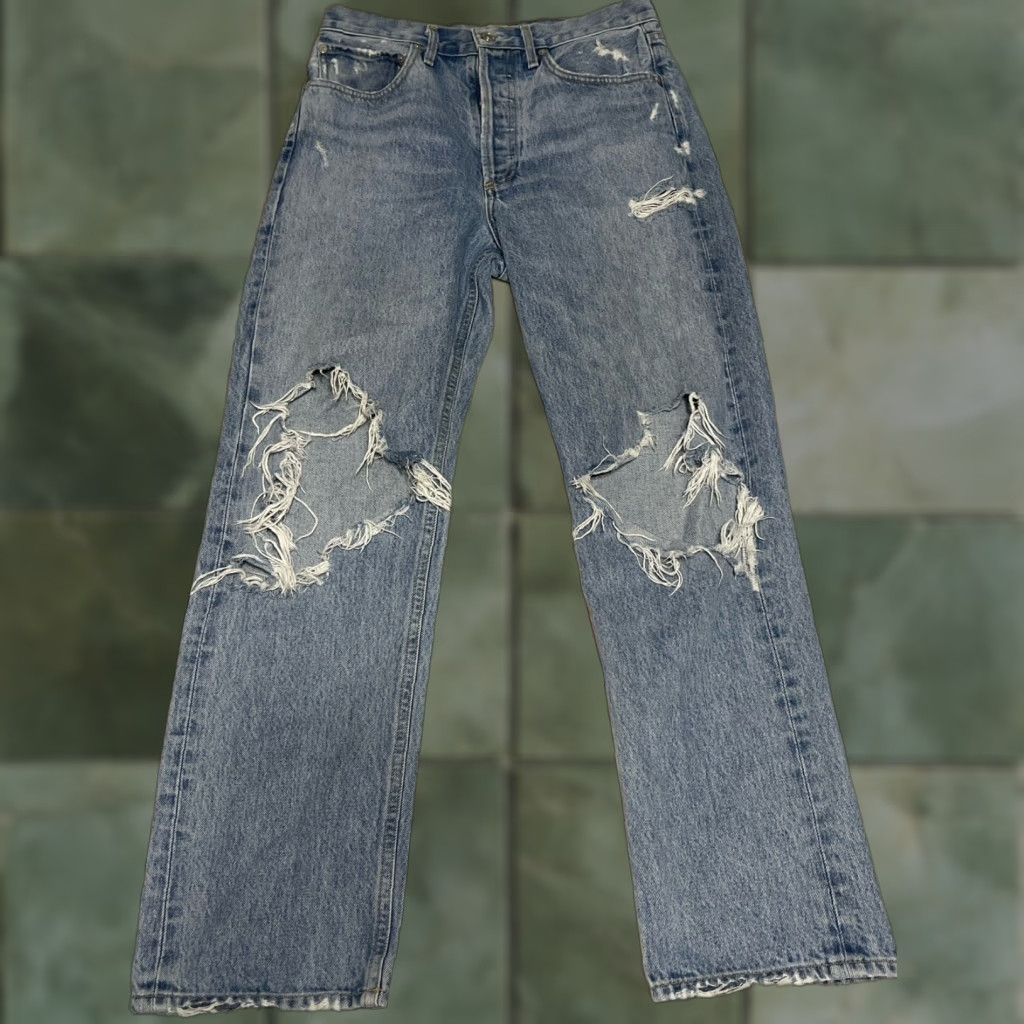 VINTAGE Agolde Jeans 90s Distressed Button Fly Women’s 26 28 Light Blue Frayed Organic Cotton Denim Jeans Boy