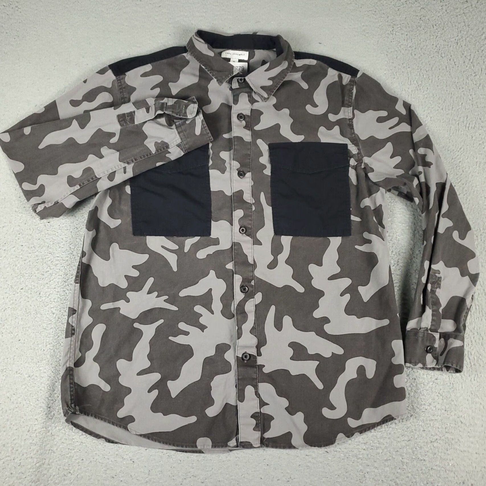 Vintage Free Assembly Shirt Mens XL Gray Camouflage Button-Up Long Sleeve Size US XL / EU 56 / 4 - 2 Thumbnail