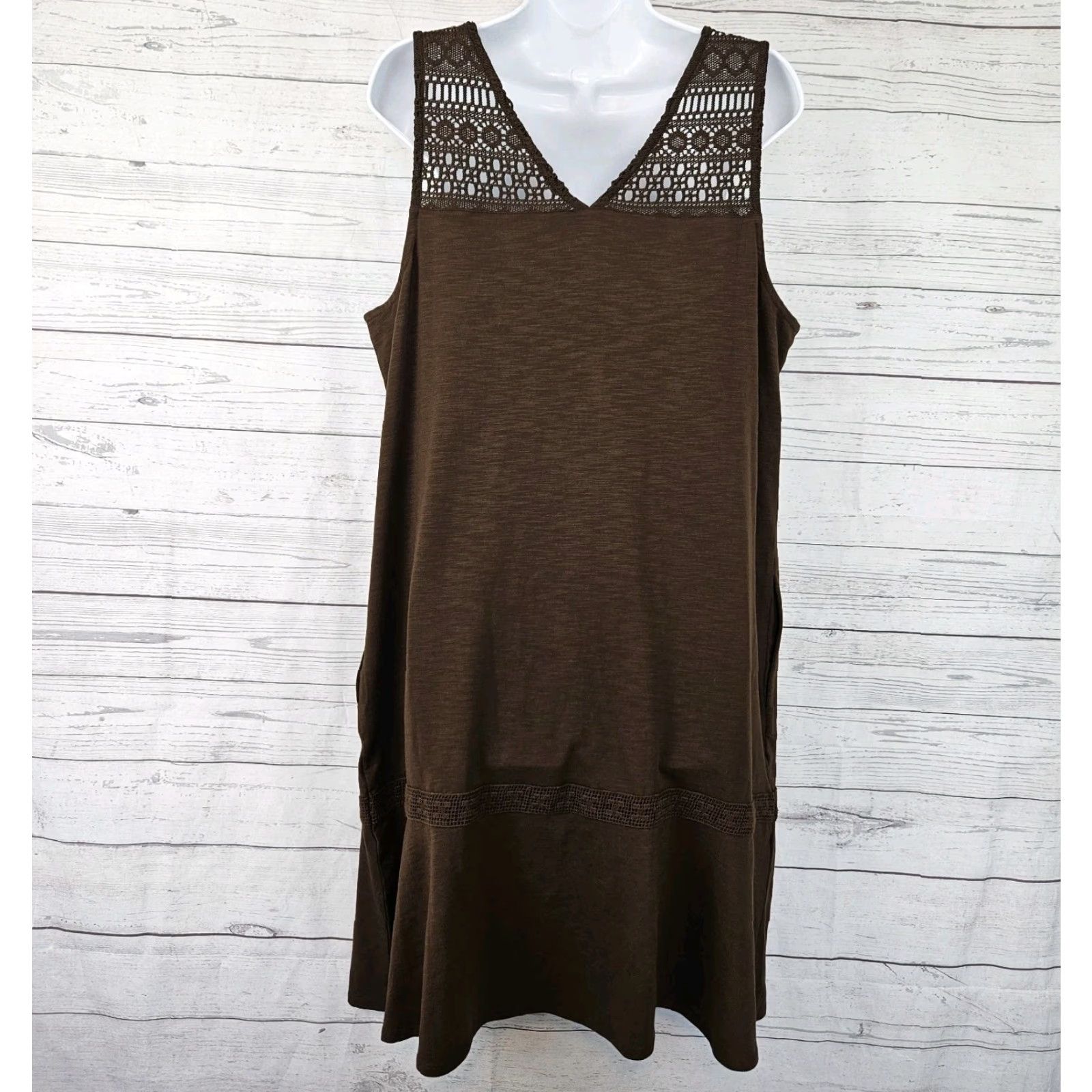 J. Jill J Jill Womens Dress Solid Brown Crochet Lace Pockets Cotton Blend Size L Sleeveless Knee Length Pullover Shift Vintage No N/A Women Size L / US 10 / IT 46 - 3 Thumbnail