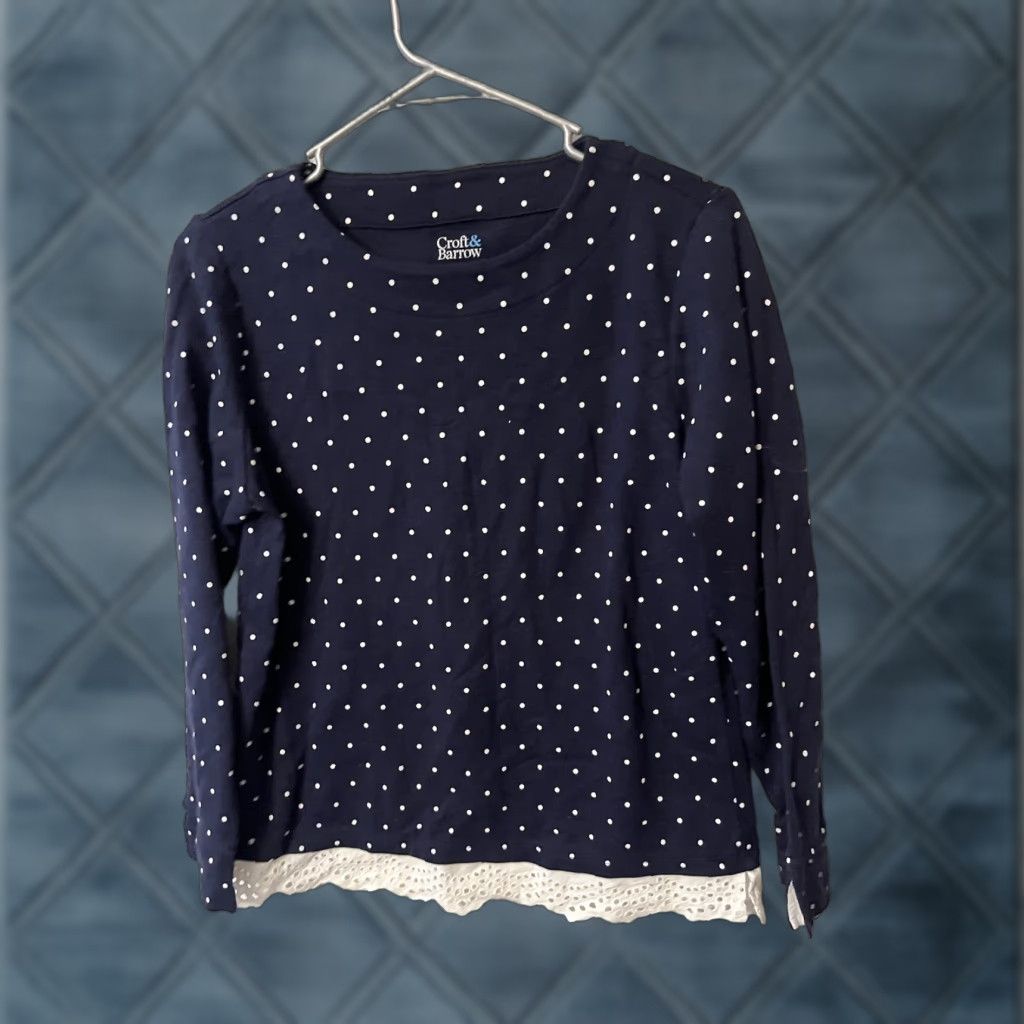 Croft & Barrow WOMEN Croft & Barrow Top NAVY BLUE WHITE POLKA DOT Long Sleeve PS Size S / US 4 / IT 40 - 1 Thumbnail