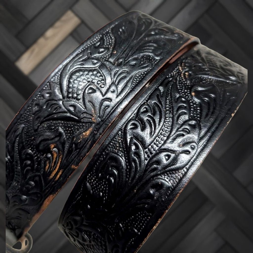 Vintage VINTAGE handcrafted USA made TOOLED belt western belt 36 leather steerhide floral buckle western Mens Black 36 Size 36 - 1 Thumbnail