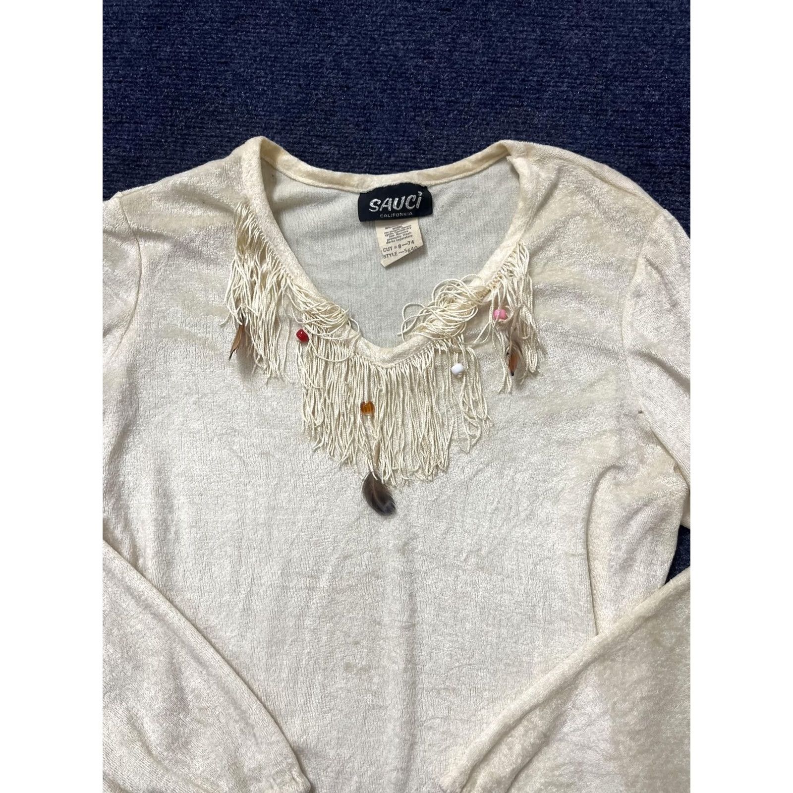 Vintage VINTAGE Sauci California Shirt Womens Large Cream Fringe Long Sleeve Boho 70s Size L / US 10 / IT 46 - 2 Thumbnail