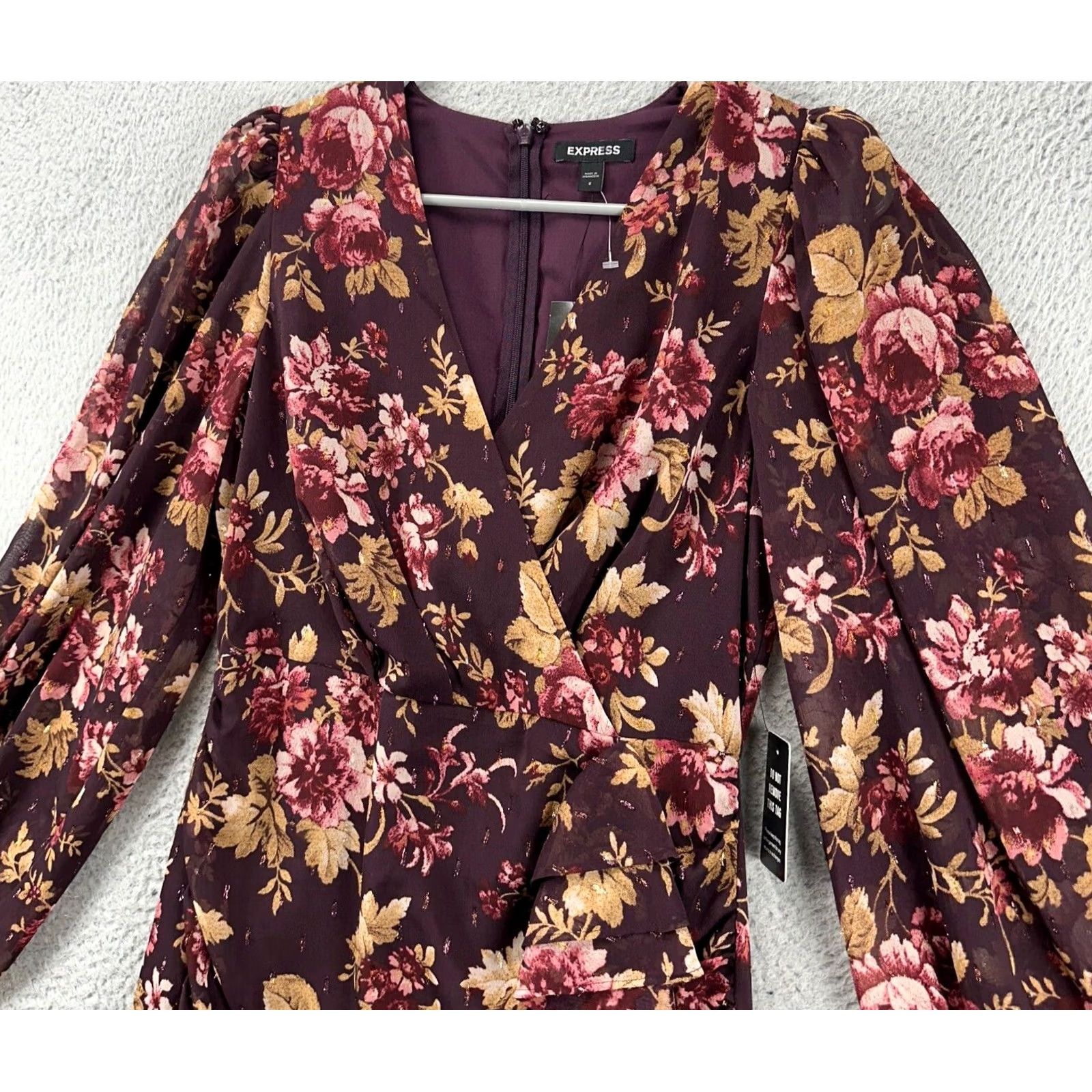 Express Express Dress Women Small Maroon Floral Ruched Wrap Ruffle Mini Fairy NEW Dress Size S / US 4 / IT 40 - 6 Thumbnail