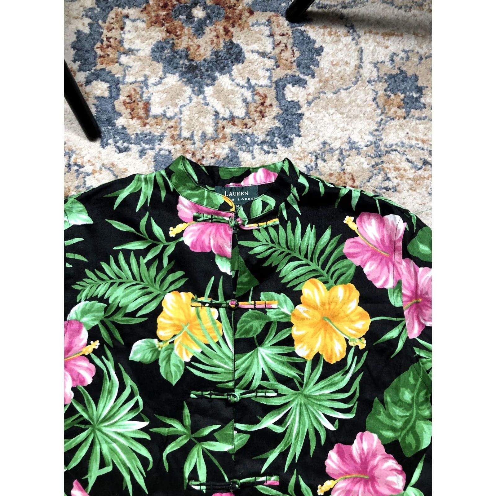 Ralph Lauren Lauren Ralph Lauren Jacket Womens Medium Black Linen Floral Hawaiian Tunic Top Size M / US 6-8 / IT 42-44 - 2 Thumbnail