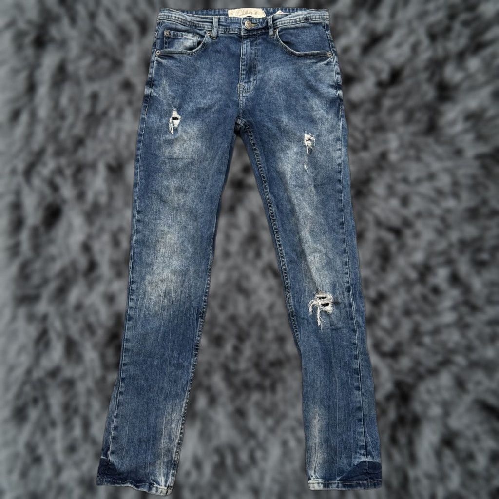 Denime Jeanius Jeans Mens 32x32 Blue Distressed Denim Slim Fit Classic Casual Pants Jeans Size US 32 / EU 48 - 1 Thumbnail