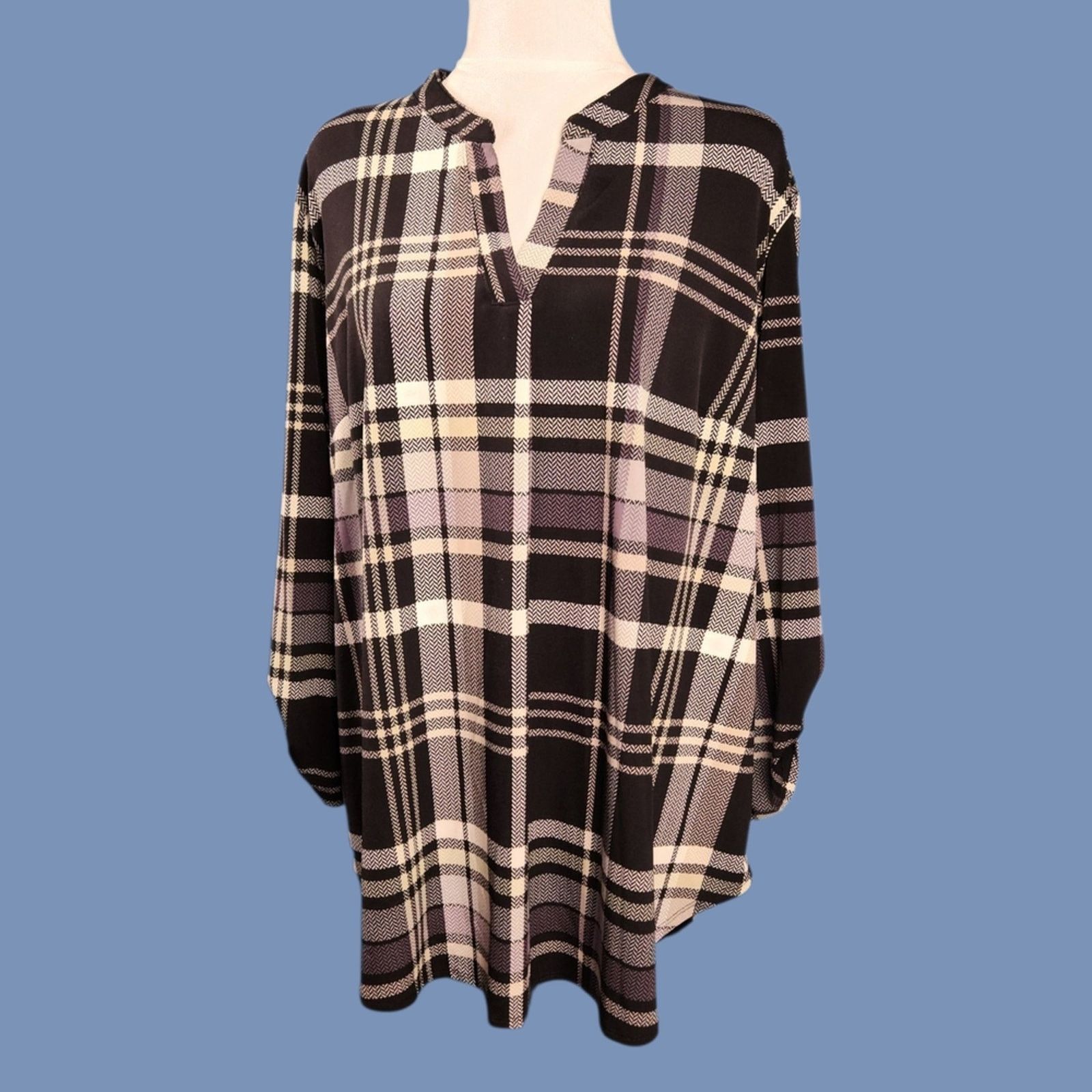 Other Cato Size 18/20W Blouse Black and Cream Plaid Tunic Size XXL / US 16-18 / IT 52-54 - 2 Thumbnail