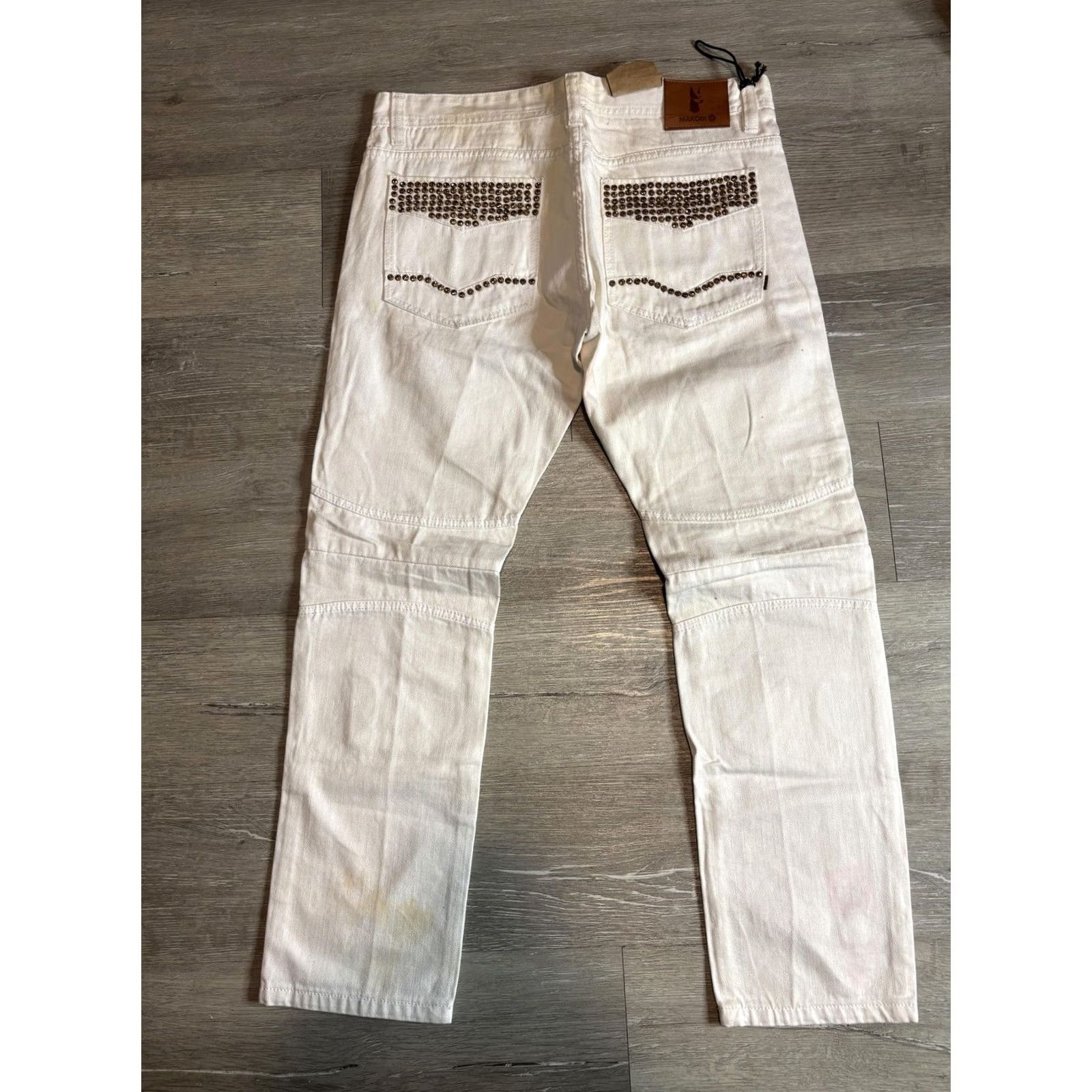 Denime Makobi Jeans Mens 34x32 White Slim Tapered Biker Studded Moto Denim Pants M1790 Size US 34 / EU 50 - 3 Thumbnail