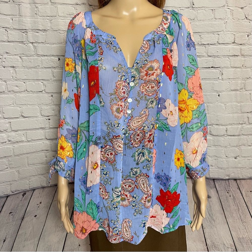 Anthropologie NWT New Figueroa & Flower Floral Blouse 3/4 Sleeve Size 2X Size XXL / US 16-18 / IT 52-54 - 2 Thumbnail