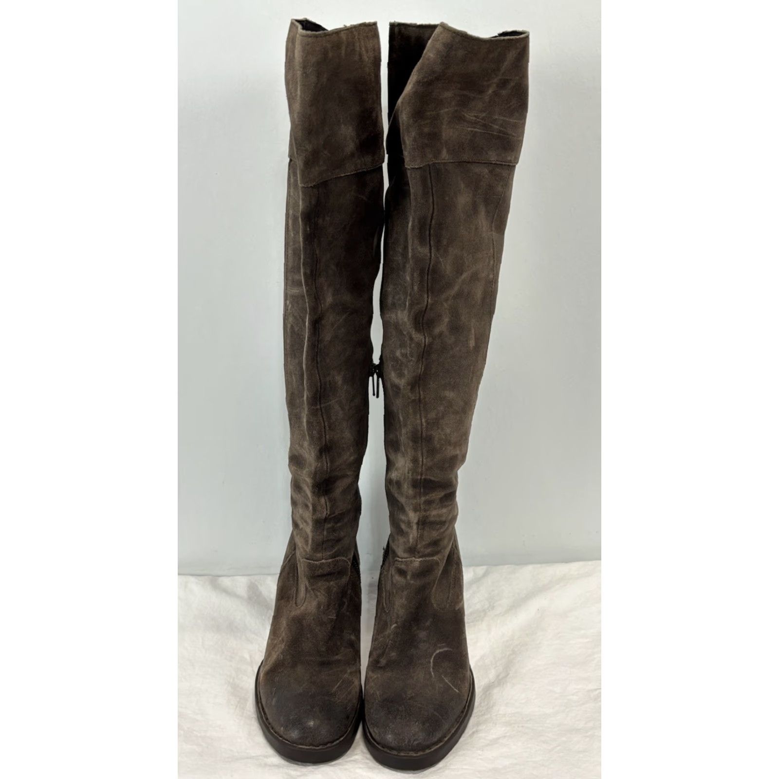 Born Børn Kathleen Tall Boots Brown Grey Suede Leather Chunky Heel Women's 9 M Pirate Size US 9 / IT 39 - 4 Thumbnail
