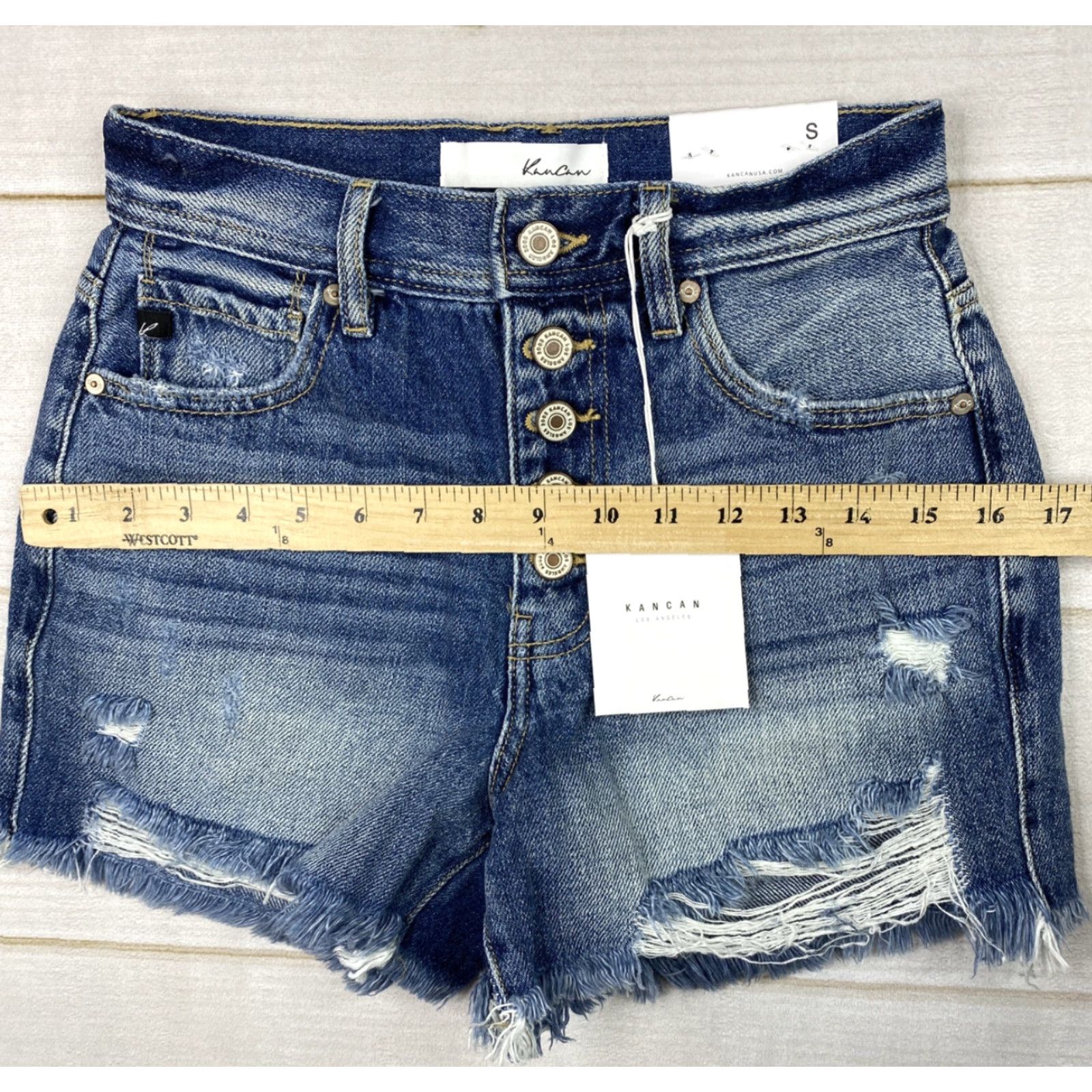 Vintage KanCan Shorts Womens Sz S Dark Wash Denim Distressed High Rise Button Fly NWT Size 28" / US 6 / IT 42 - 7 Thumbnail