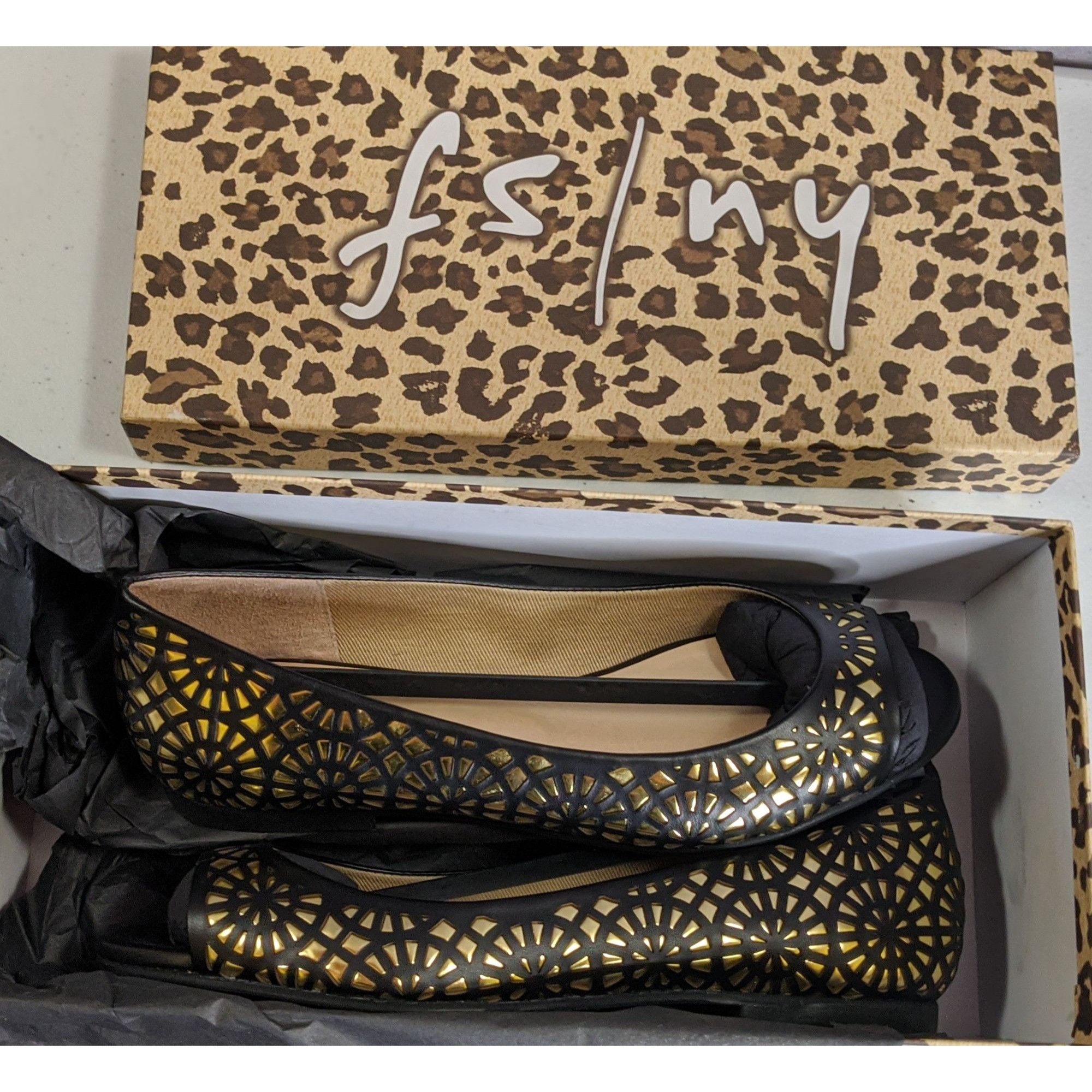 Other FS/NY Black & Gold "Black Nappa" Laser-Cut Peep Toe Flats Size US 5.5 / IT 35.5 - 2 Thumbnail