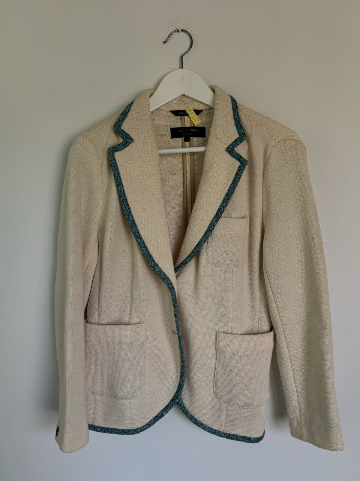 Designer × Rag & Bone Rag & Bone Blazer Womens Cream Merino Wool Teal Trim Prep Size L / US 10 / IT 46 - 16 Thumbnail