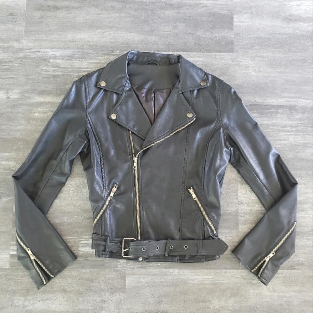 Designer Black Classic Motorcycle Crop Jacket w/Belt Size S / US 4 / IT 40 - 1 Thumbnail