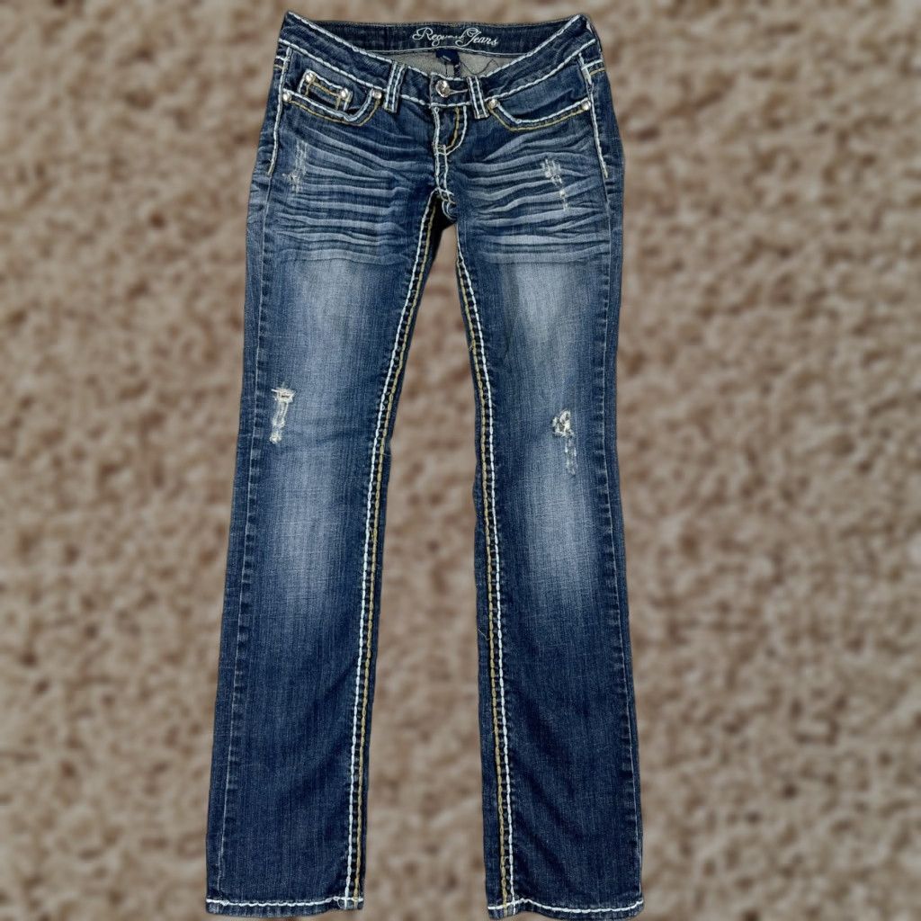 Vintage Request Jeans Pants Womens 3 Blue Distressed Embroidered 27x31 Denim Straight Jeans Womens 3 Blue Distressed Embroidered 27x31 Size 26" / US 2 / IT 38 - 1 Thumbnail