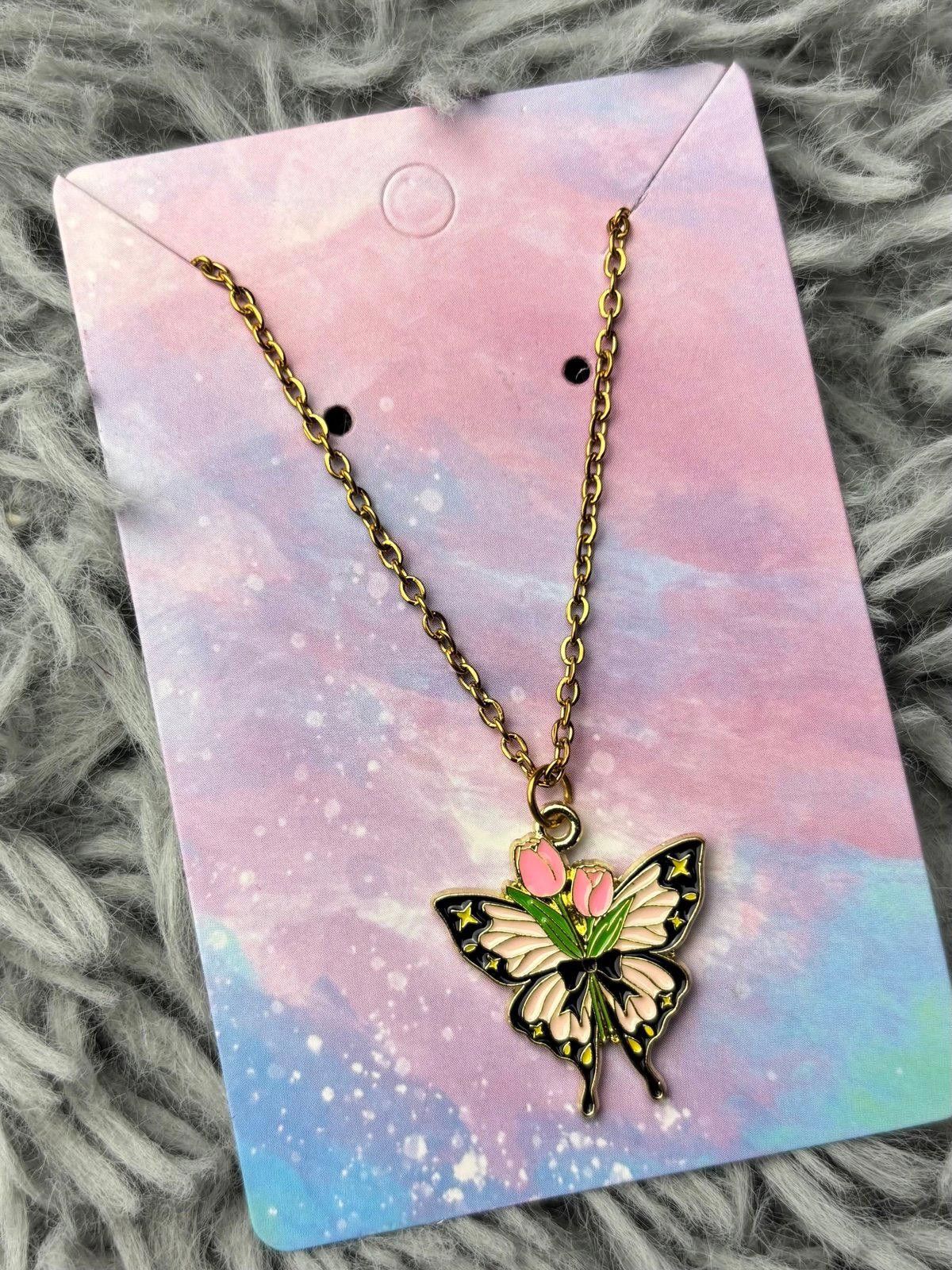 Handmade Butterfly necklace pastel flowers black bow leaves yellow Size ONE SIZE - 1 Preview